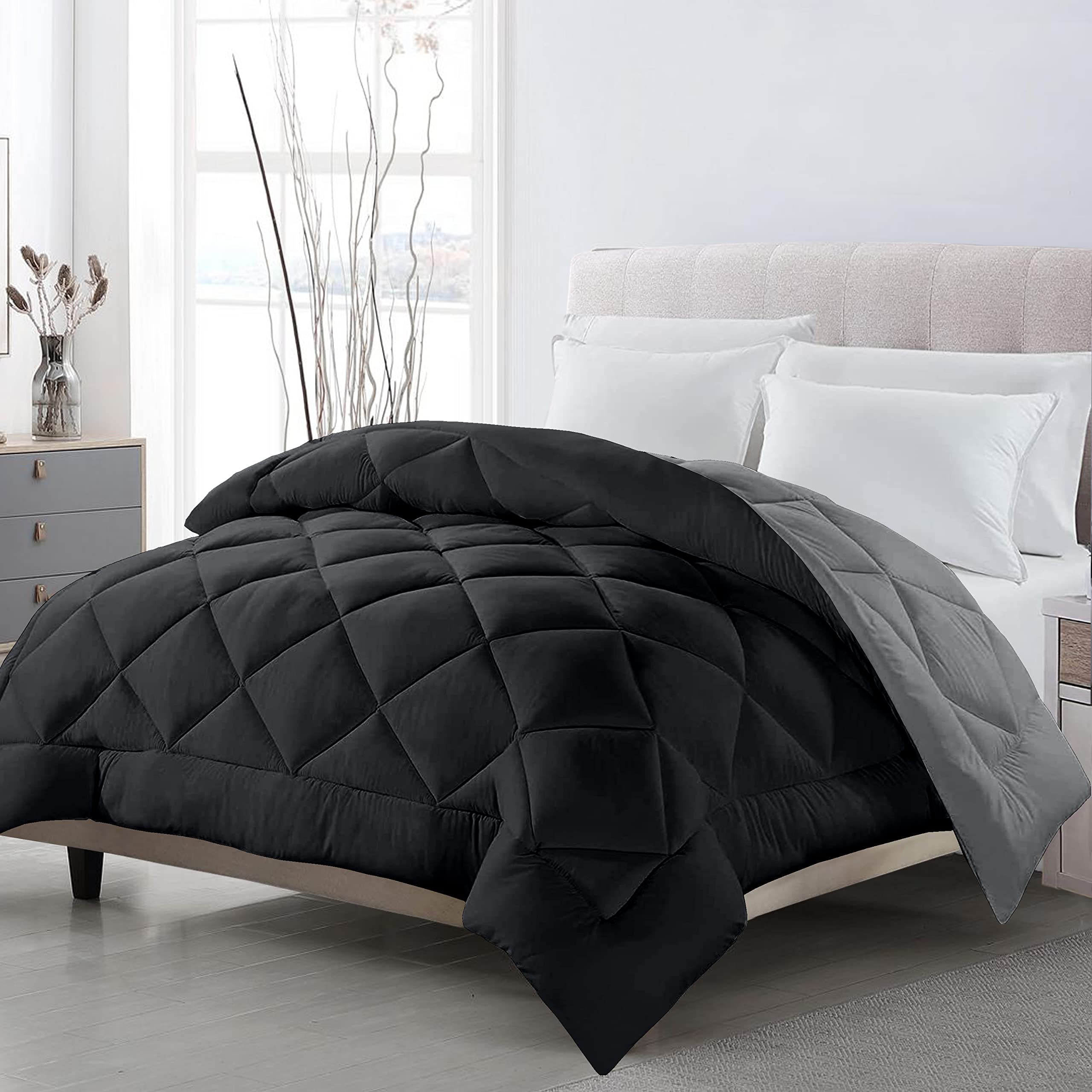 CHICERY Reversible Single Bed Small Size Comforter/220 GSM Microfiber Reversible AC Comforter/Blanket for Winter/Quilt -Black,Light Grey-Pack of-01-picture-10