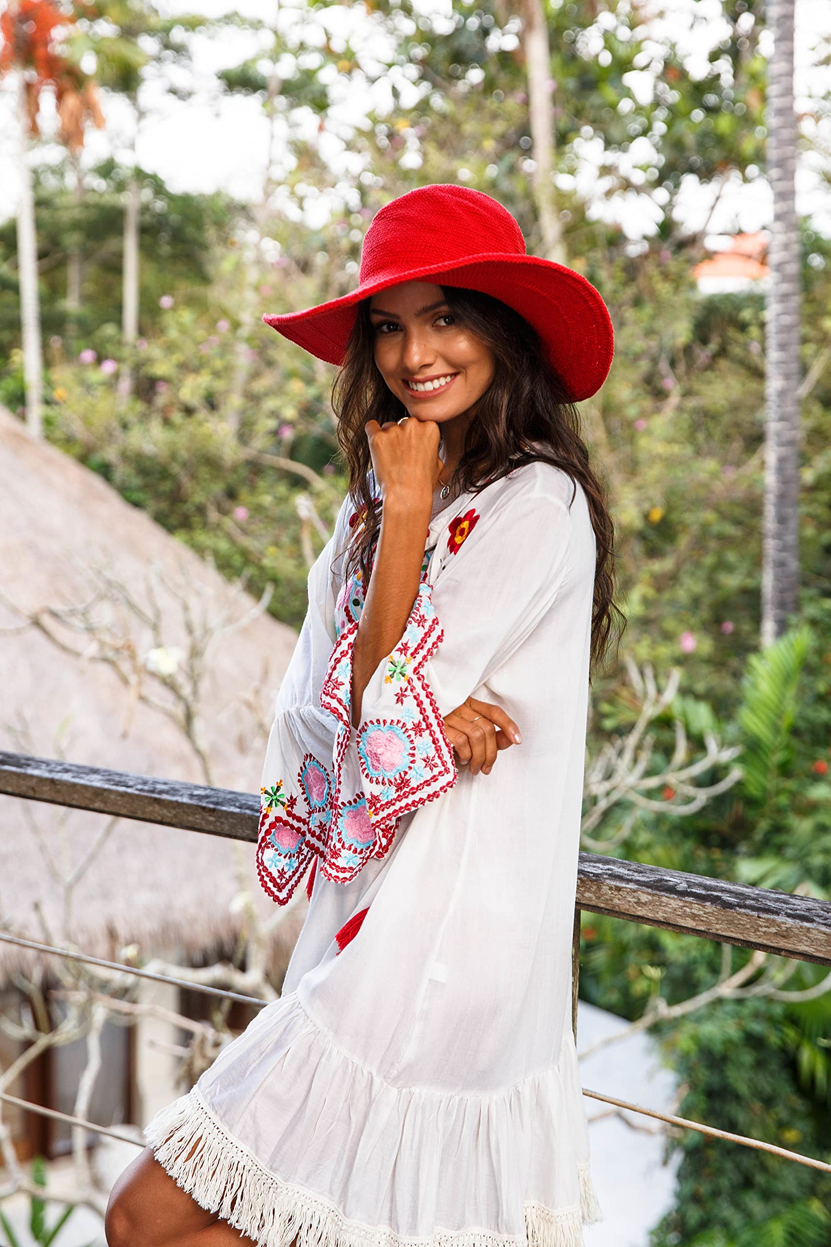 SHU-SHI Abito corto da donna ricamato con maniche a campana, stile bohémien, stile casual