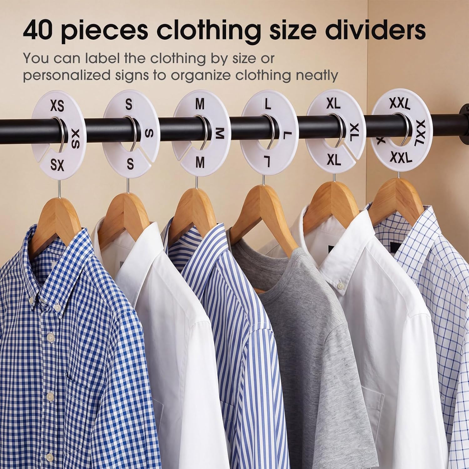 EBOOT 40 Pcs Clothing Size Dividers Retail Round Closet Size Dividers Hangers Plastic Clothes Rack Preprinted in XXS to XXL for Home or Clothing Store (White)
