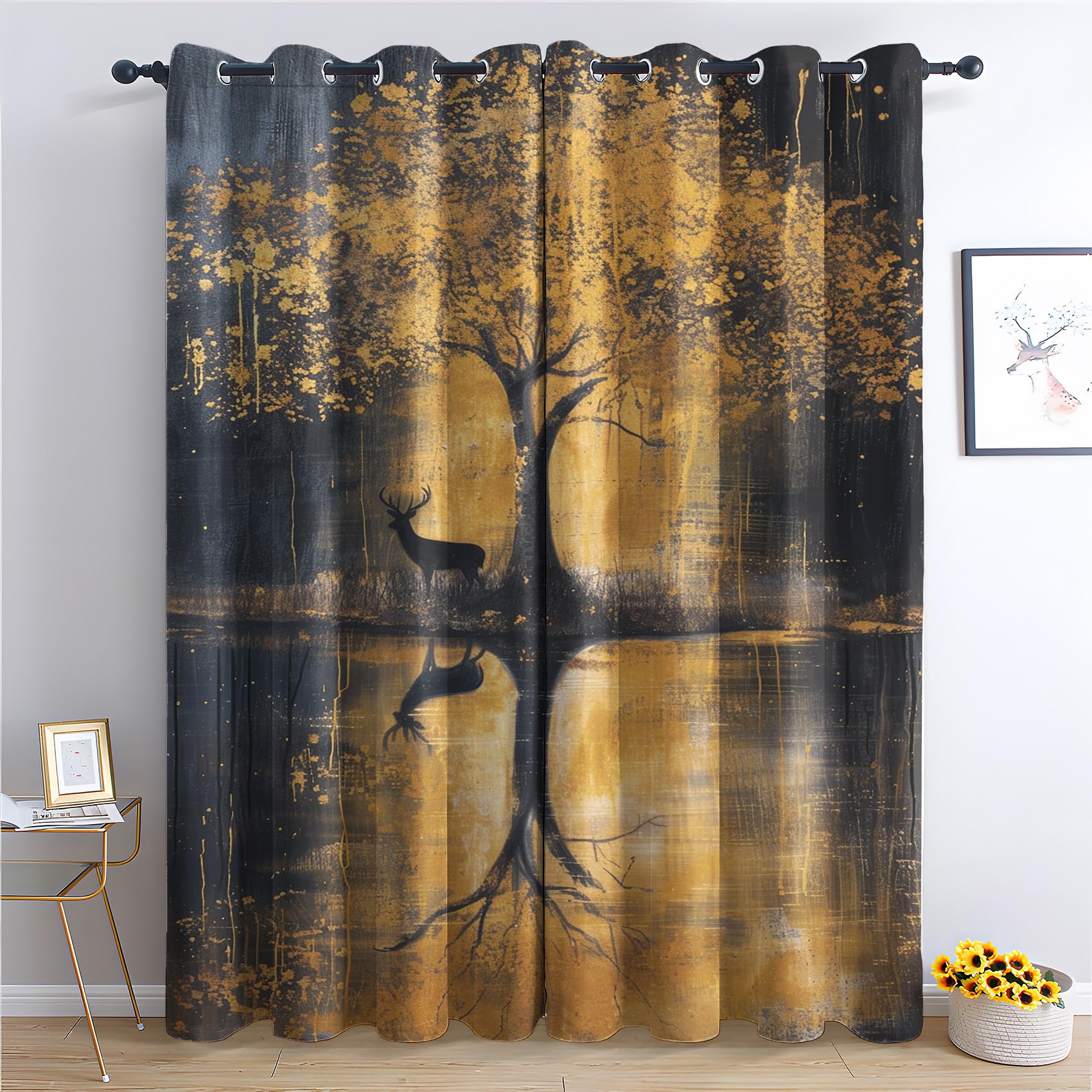 DlaQoryx Tree Of Life Curtains for Living Room, Deer Autumn Forest Thermal Insulated Curtains, Bedroom Blackout Curtain Eyelet Window Curtains & Drapes 52 x 63 Inch Drop 2 Panels