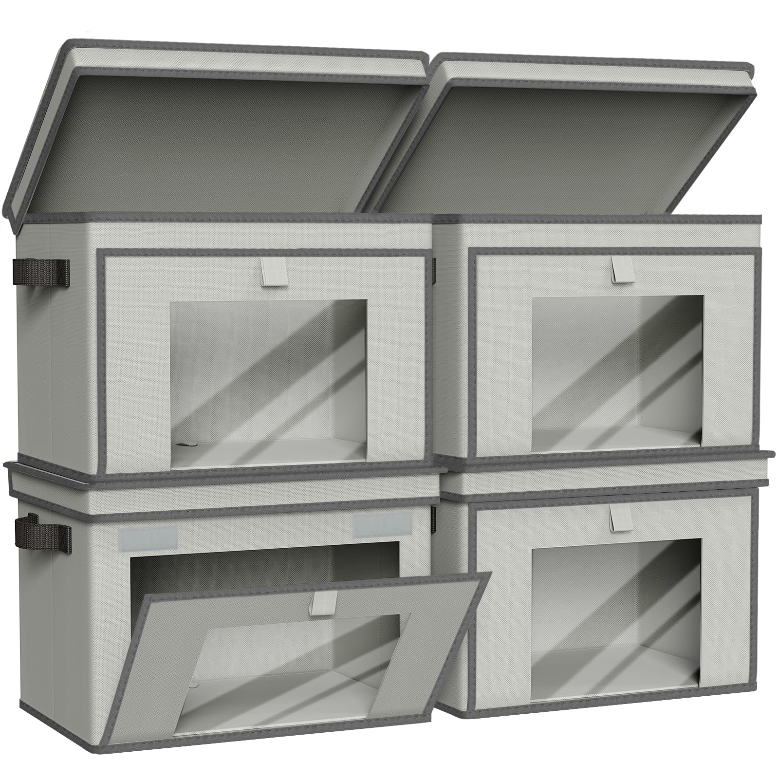 Univivi Aufbewahrungskörbe mit Deckel, große Schrank-Organizer und Aufbewahrung mit Griffen und Fenster, faltbare Stoff-Aufbewahrungsboxen mit Deckel für Zuhause, Schrank, Schlafzimmer, 4 Stück, Grau