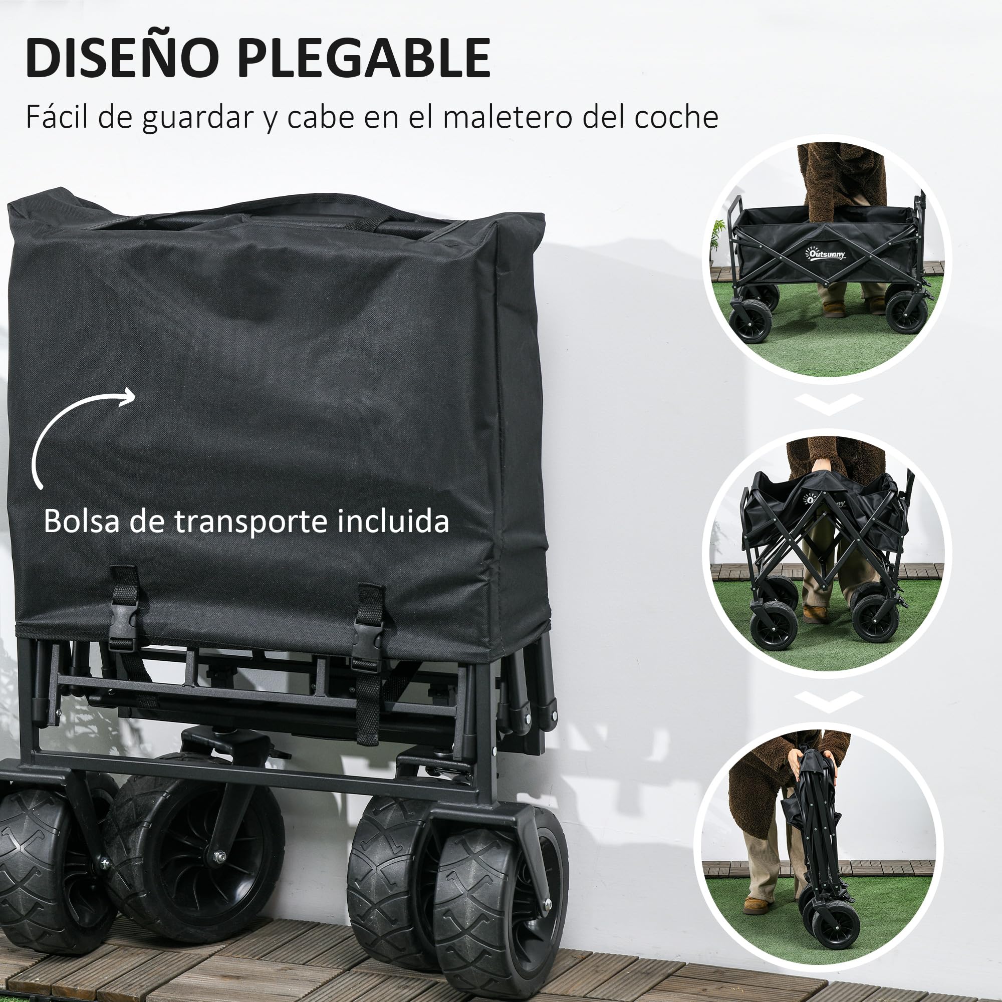 Outsunny Chariot de plage pliant avec grandes roues, extérieur, Noir | Sac isotherme amovible, longueur et angle de poignée réglables, sac de transport, 100 kg de charge, courses, jardin