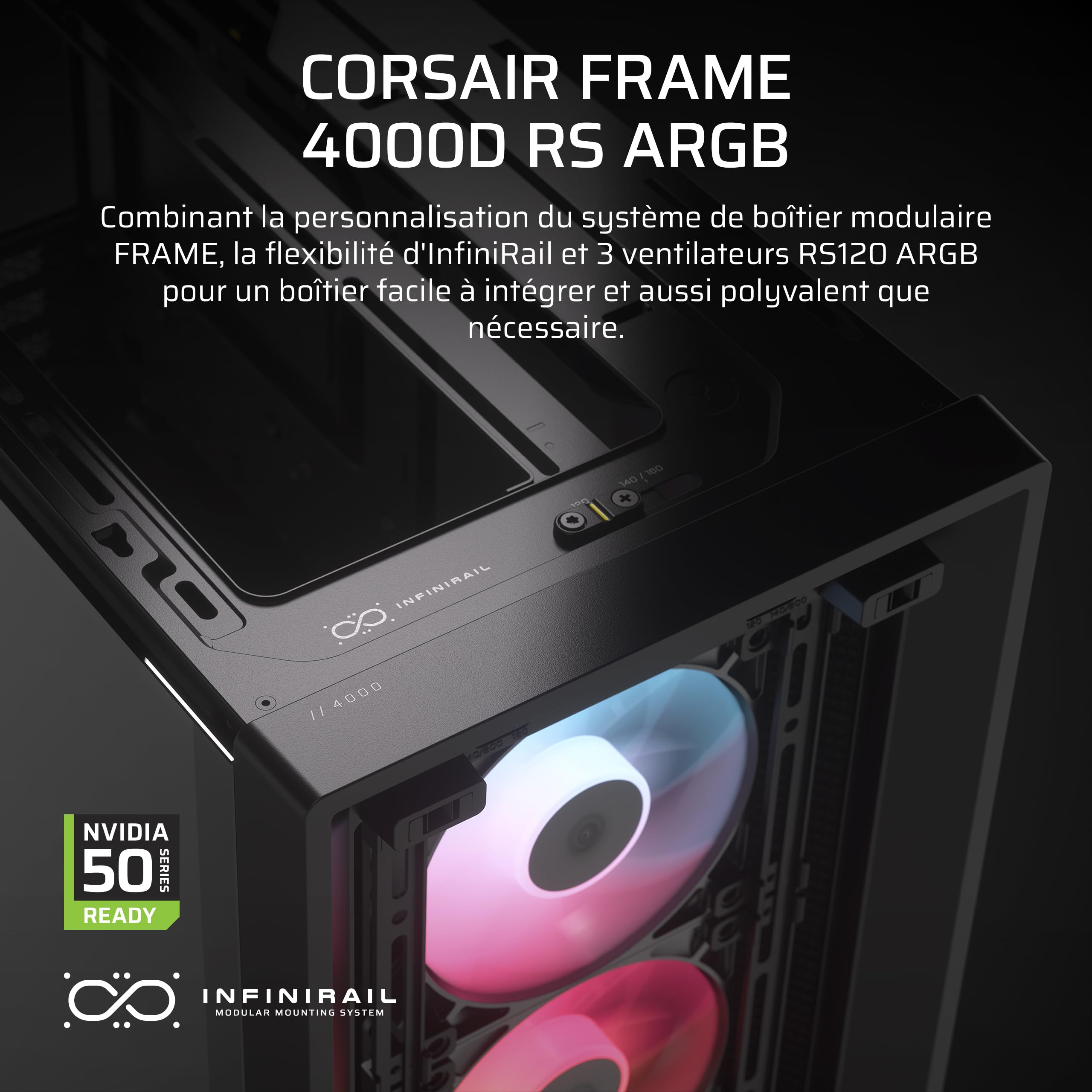 CORSAIR Frame 4000D RS ARGB Boîtier Modulaire ATX de Taille Moyenne – Noir | Débit d'air Élevé, 3x Ventilateurs RS ARGB Préinstallés, ASUS BTF, MSI Project Zero, Gigabyte Project Stealth