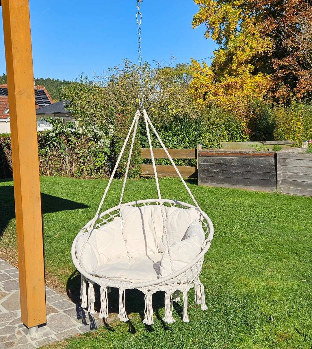 ALEOS. Hängesessel Catalina klappbar 100cm Durchmesser - Hängesessel rund - Stoffsessel mit gemütlichem Kissen - Hängekorb zum Aufhängen - inkl. 2 Karabiner + Kette im Makramee Boho Style