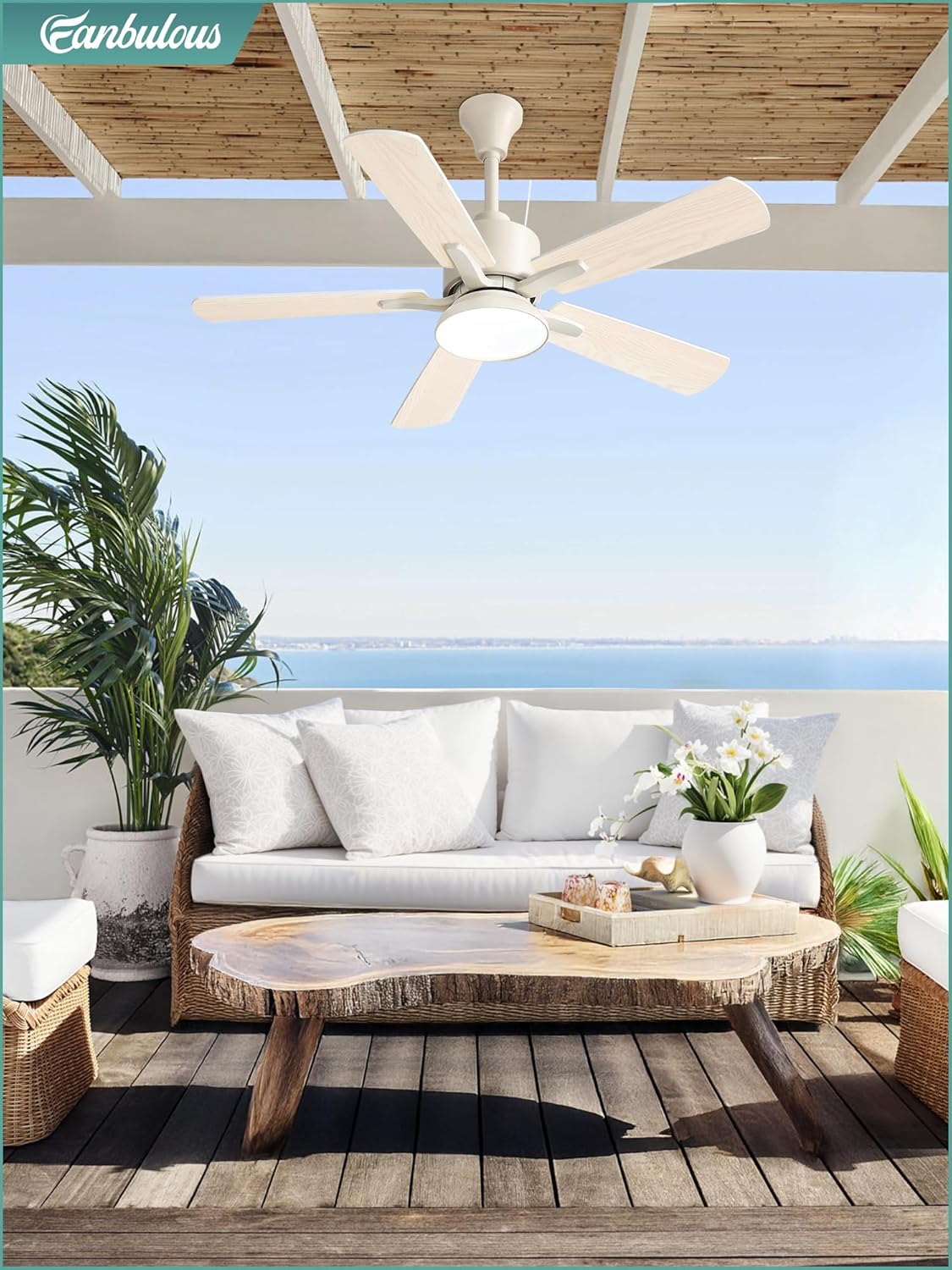 Fanbulous 42" Outdoor Ceiling Fans with Light for Patios, IP65 Waterproof Gazebo Fan, Plug in Ceiling Fan with Remote, 3CCT 6-Speed White Ceiling Fan with Hanging Hook for Porch, Pergola,Canopy