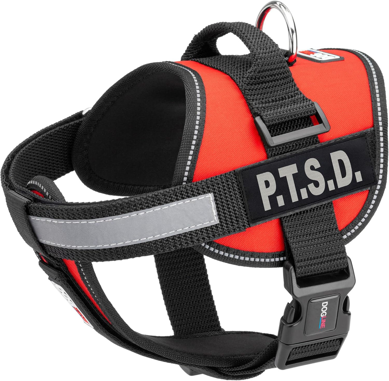Dogline Unimax Multi-Purpose Vest Harness for Dogs and 2 Removable P.T.S.D. Patches Red Extra Girth 15"-19"