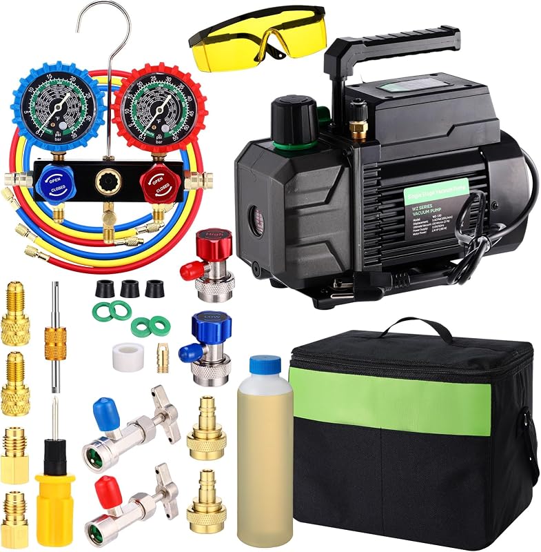 Threlaco AC Vacuum Pump and Gauge Set 3.5CFM 1/4, R134a R1234YF R32 R410a Refrigeration Manifold Gauge with Leak Detector Upgraded Trifold Case 3 Hoses, Can Taps for Mini Split/HVAC/Auto Systems