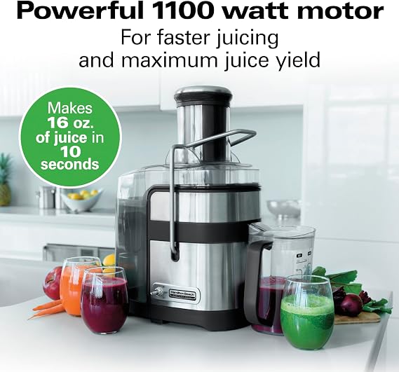 Hamilton Beach Professional Juicer Machine, Centrifugal Extractor, With 3.5” Super Chute for Whole Fruits and Vegetables, 1100 Watts Easy Sweep Cleaning Tool, Black (67906), Stainless Steel Plastic