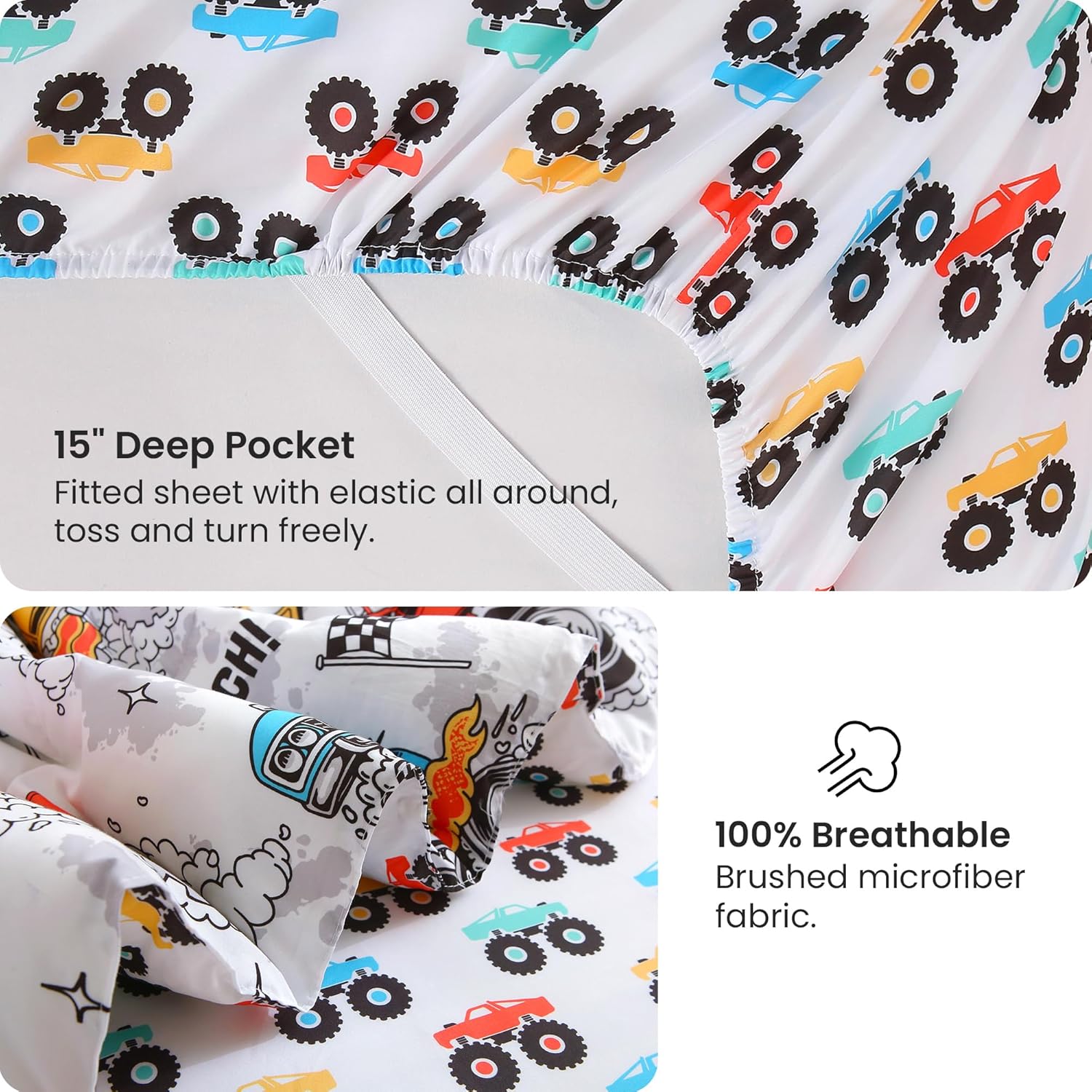 Mooreeke Twin Size Comforter Sets for Boys Kids, 6 Pieces Bed in a Bag Monster Truck Bedding Comforter Sheet Set with Shams and Decorative Toy Pillow, Ultral Soft Microfiber Kids Bed Set