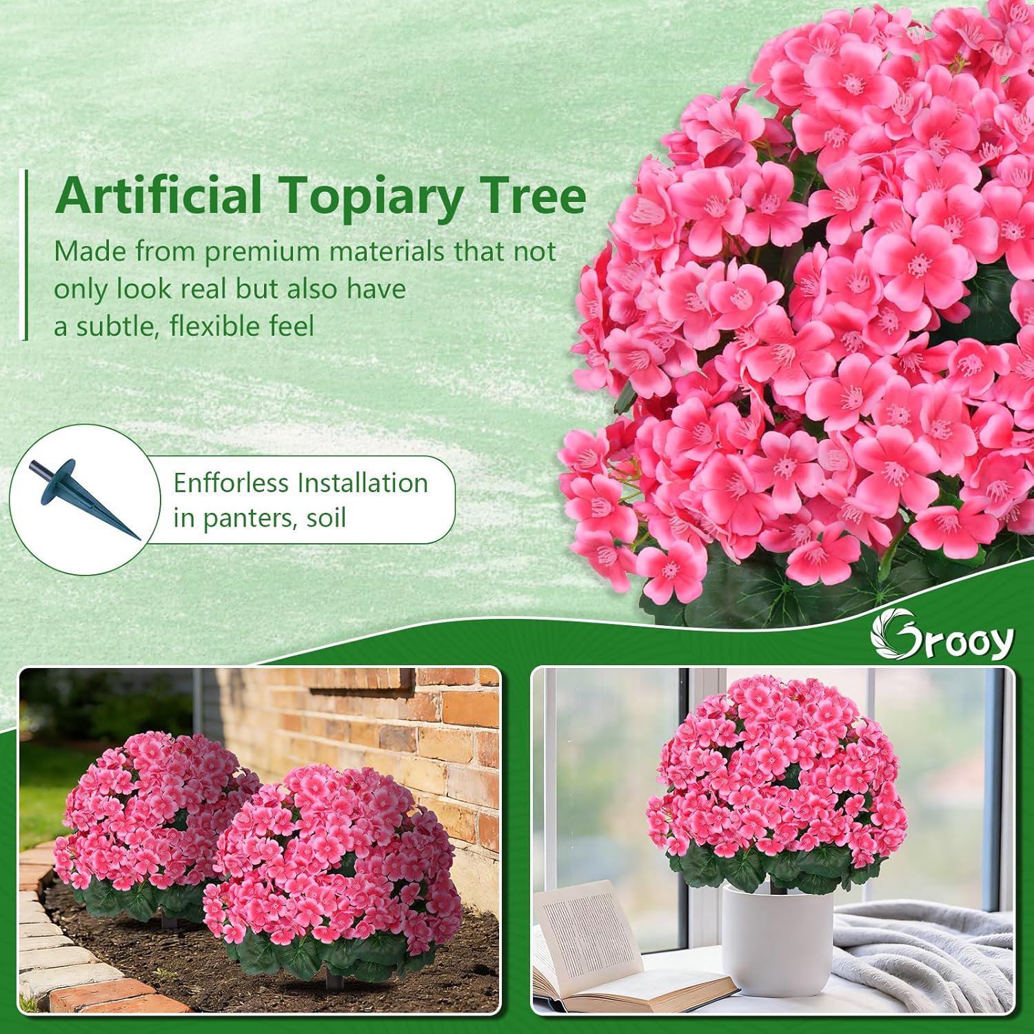 Artificial Flower Topiary for Outdoor with 2 Pack, Fake Silk Pink Blossoms Flowers Bushes, UV Resistant Realistic Shurb Plants for Outside,Front Porch,Patio,Yard, Valentine's Day - Image 7