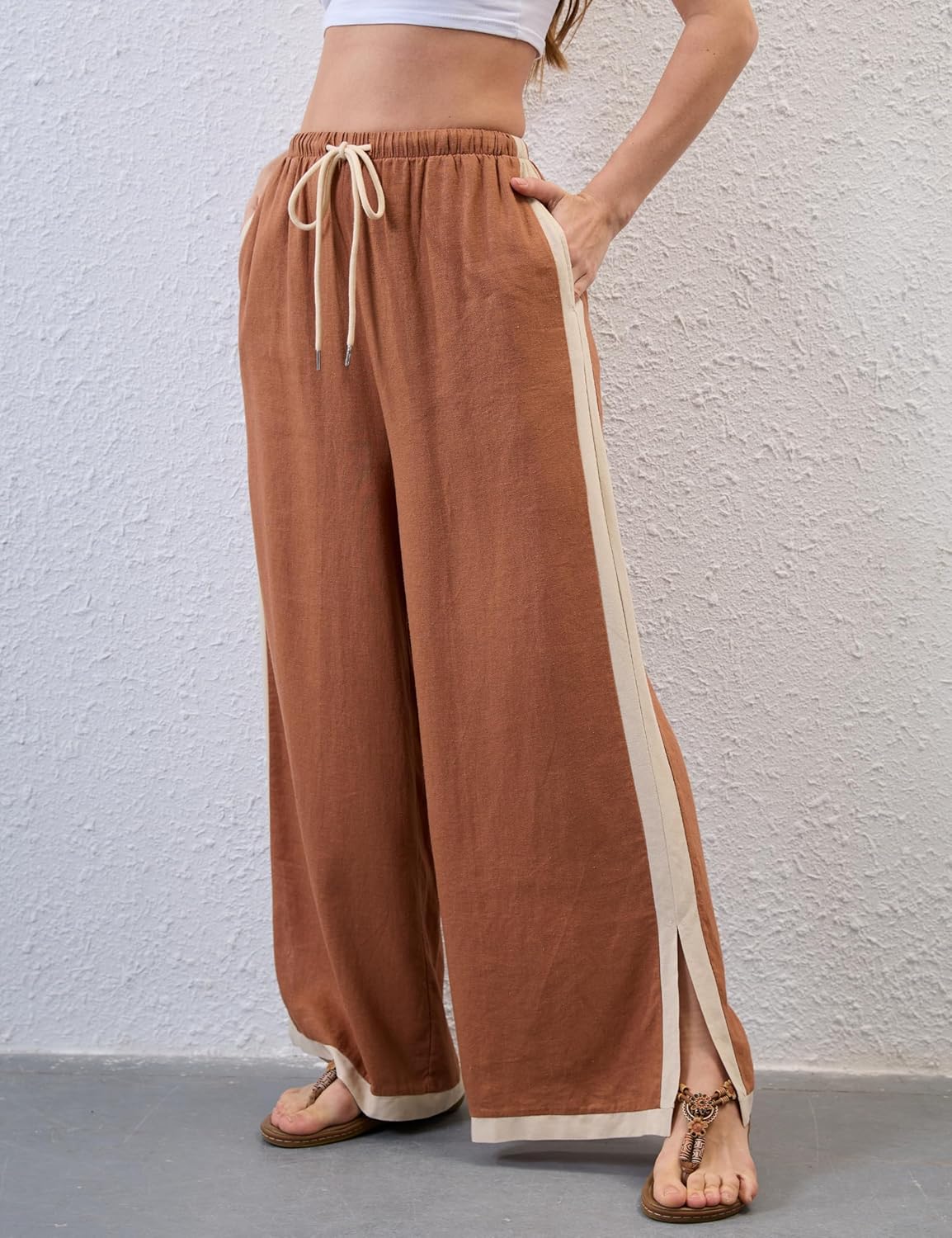 Lentta Womens Linen Wide Leg Pants Side Striped Palazzo Pants Beach Pants with Pockets Lounge Vacation Outfits - Image 7