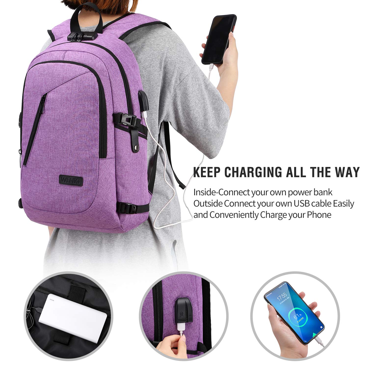 WENIG Zaino Donna Zaino Per PC Portatile,Zaino per Laptop,Zaino Porta PC Impermeabile,Zaino per Computer Portatile 15.6 Pollici, Zaino Uomo con Caricatore USB,Zaino Lavoro Uomo per Scuola Viaggio,35L