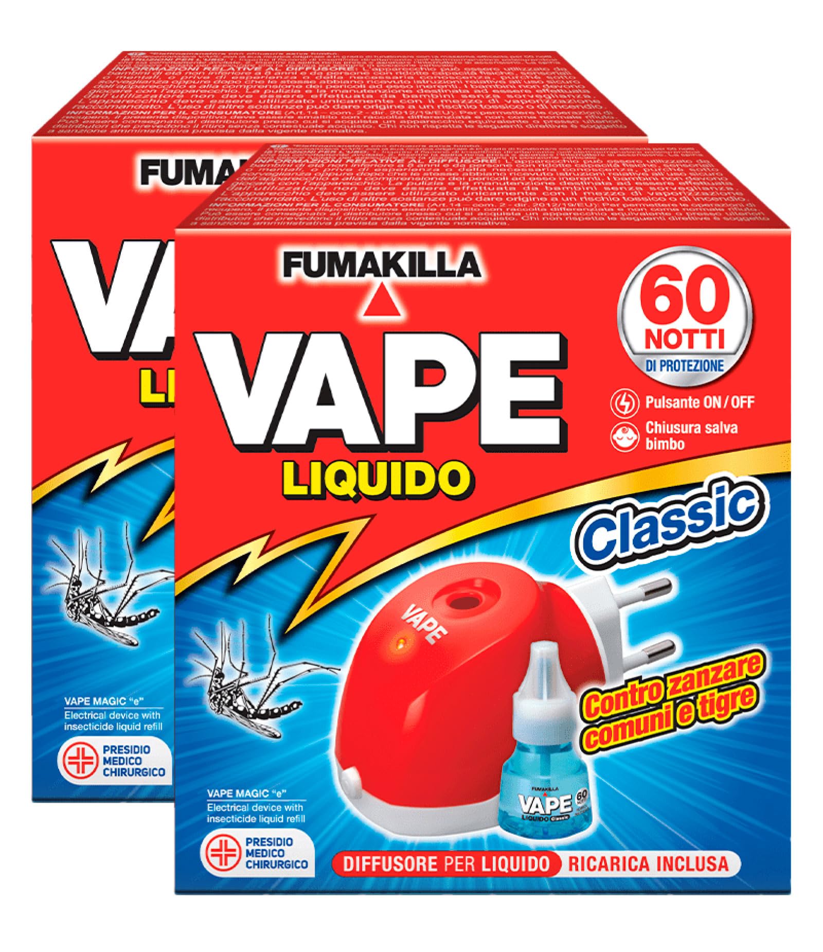 Vape - Difusor eléctrico con carga líquida Classic 60 noches insecticida mosquitos comunes tigre y moscas Presidio médico quirúrgico – 2 paquetes