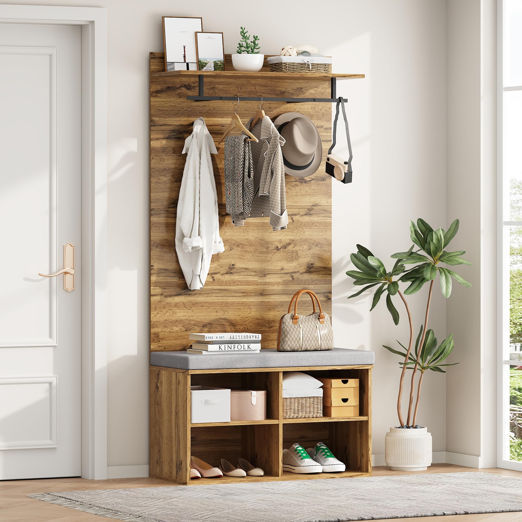 Meuble De Rangement Entrée Multifonction | Banc + Miroir + Tiroirs + étagères | Bois Et Blanc 120x40x200cm | Charge Max 80kg