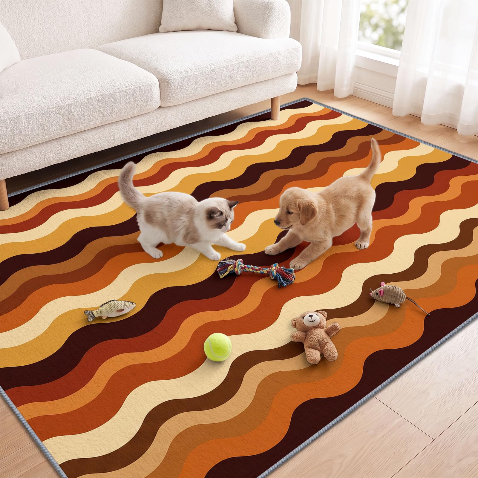 Tappeto in stile retrò chic anni '70 per soggiorno, 120 x 170 cm, a righe ondulate tono terroso, per camera da letto, morbido, a pelo corto, antiscivolo, tappeto classico per sala da pranzo, ufficio