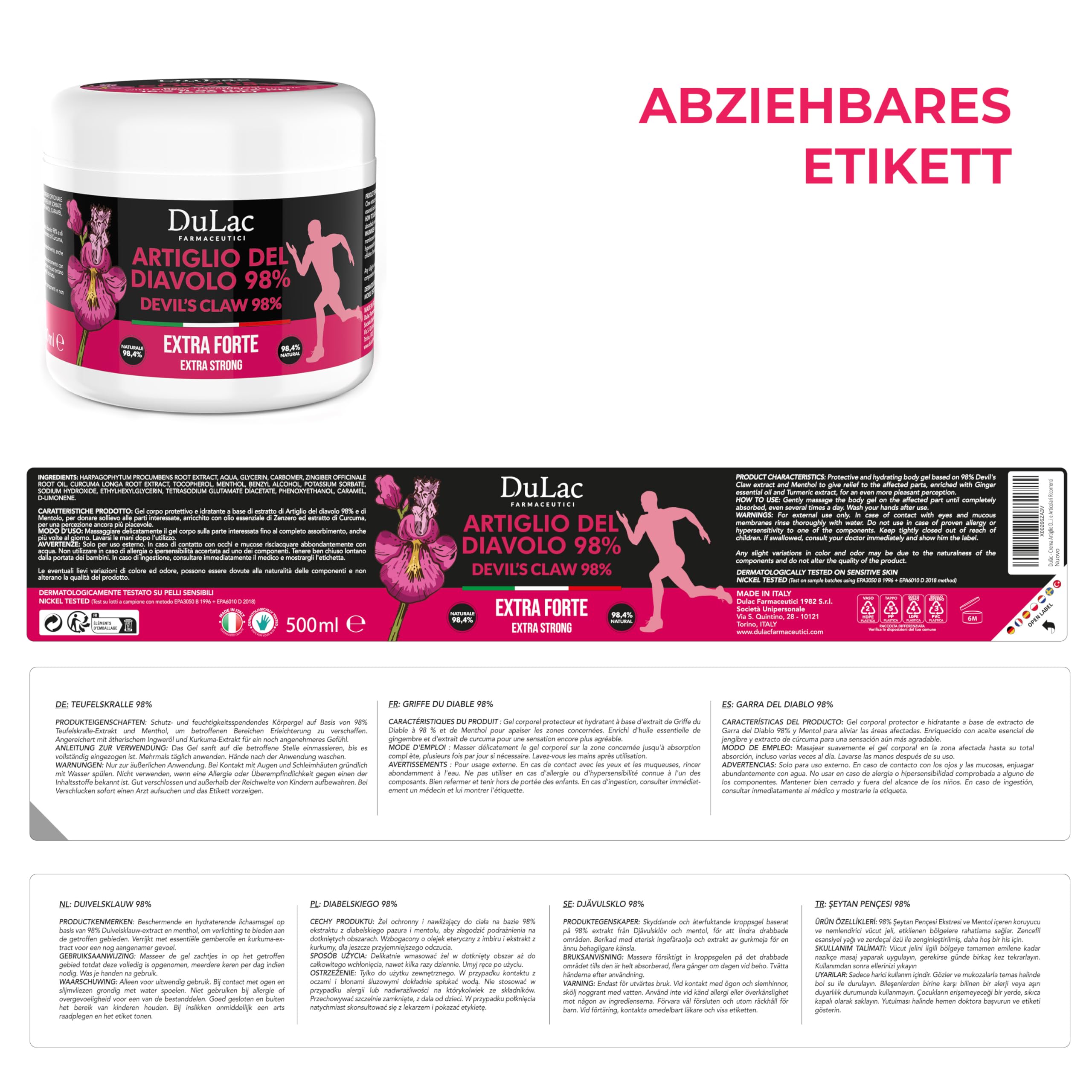 DuLàc, Teufelskralle 98% 500 ml, Körpercreme-Gel mit Ingwer, Menthol und Kurkuma, zur Massage von Muskeln und Gelenken, Dermatologisch Getestet, Nickelgetestet, Made in Italy