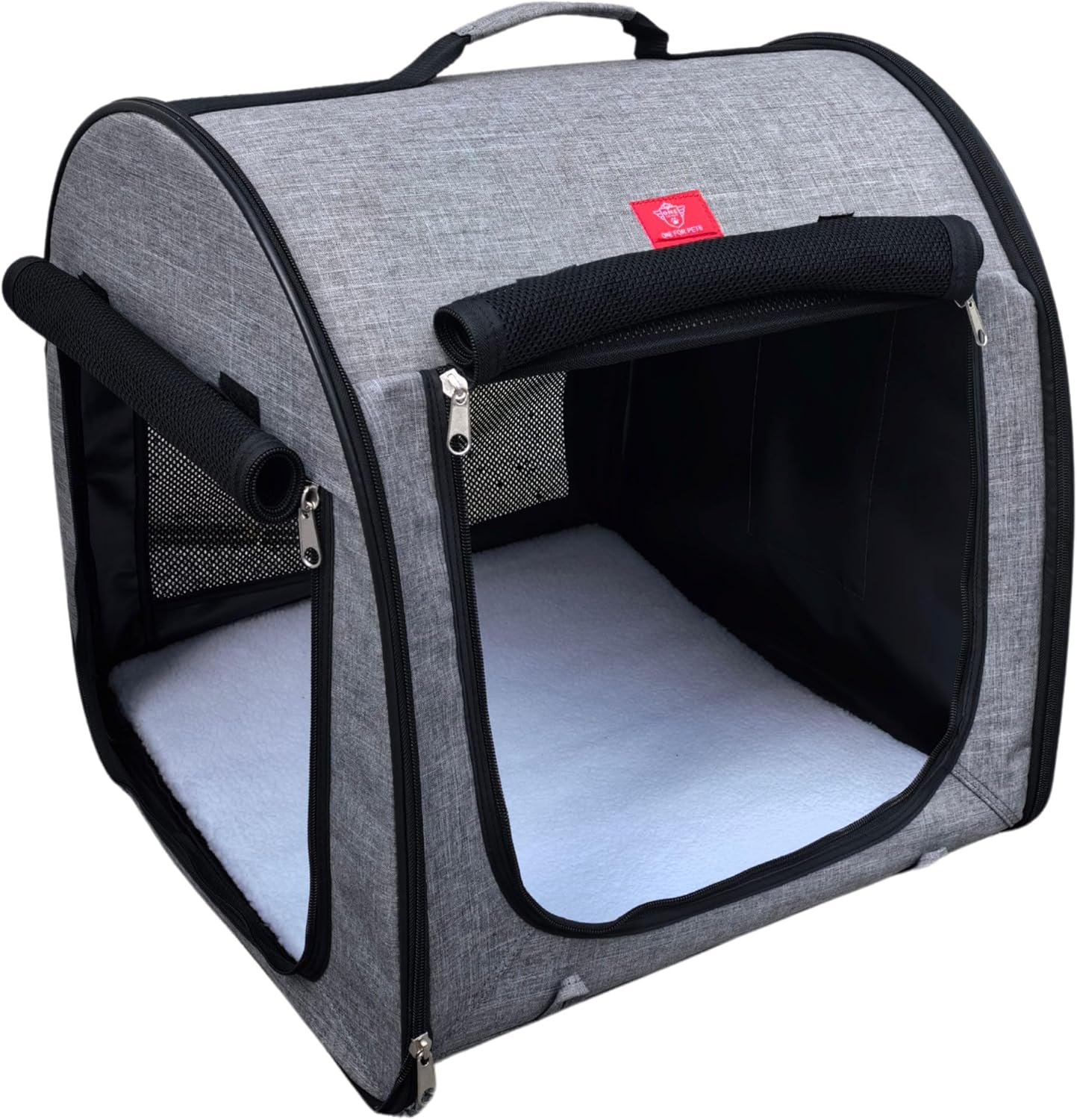 One for Pets Fabric Portable Pet Kennel/Shelter, Single, Gray, 20"x20"x19.5" - Car Seat-Belt Fixture Included