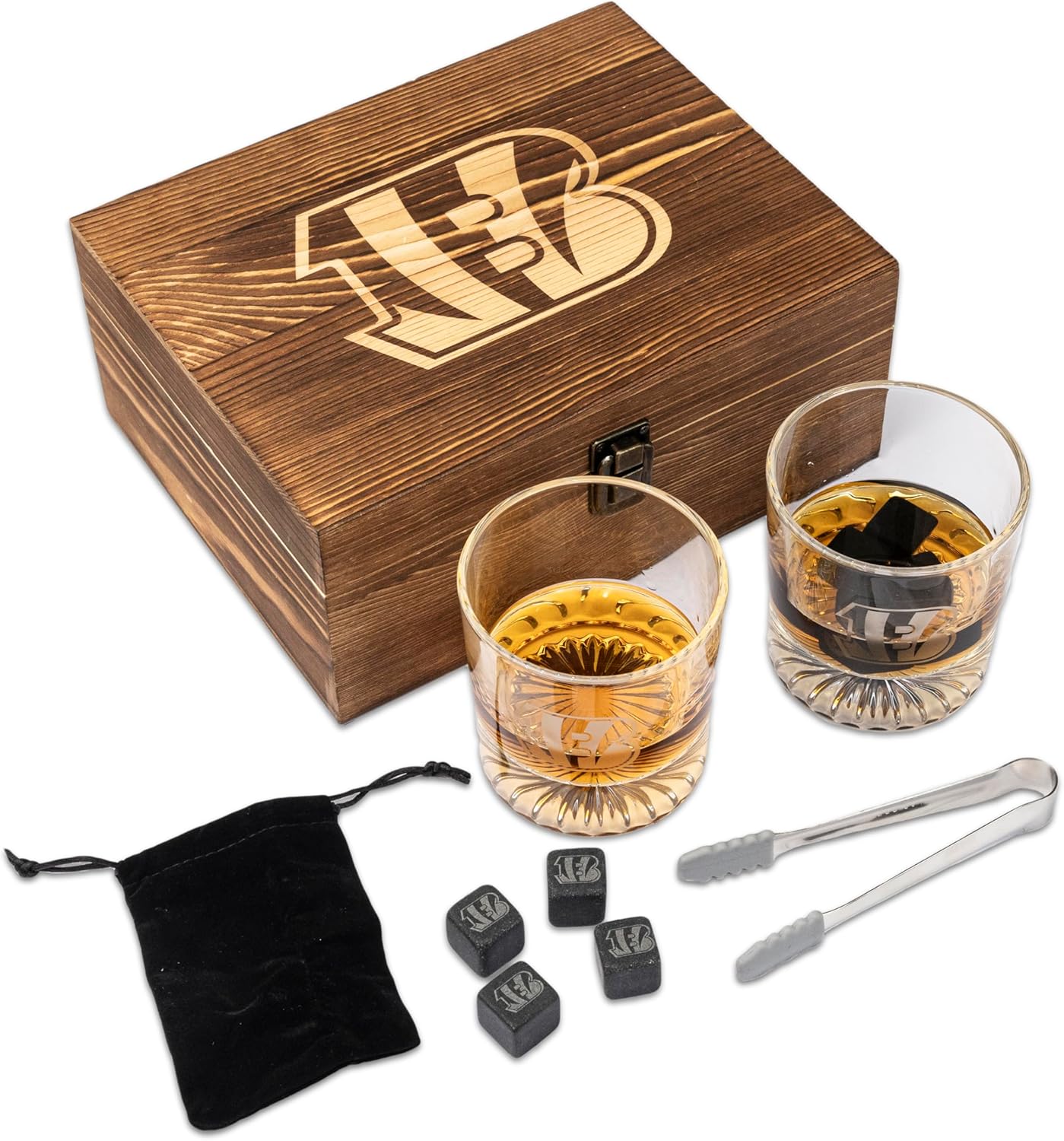 NFL licensed wood boxed drinkware set with laser-etched logo, 2 rocks glasses