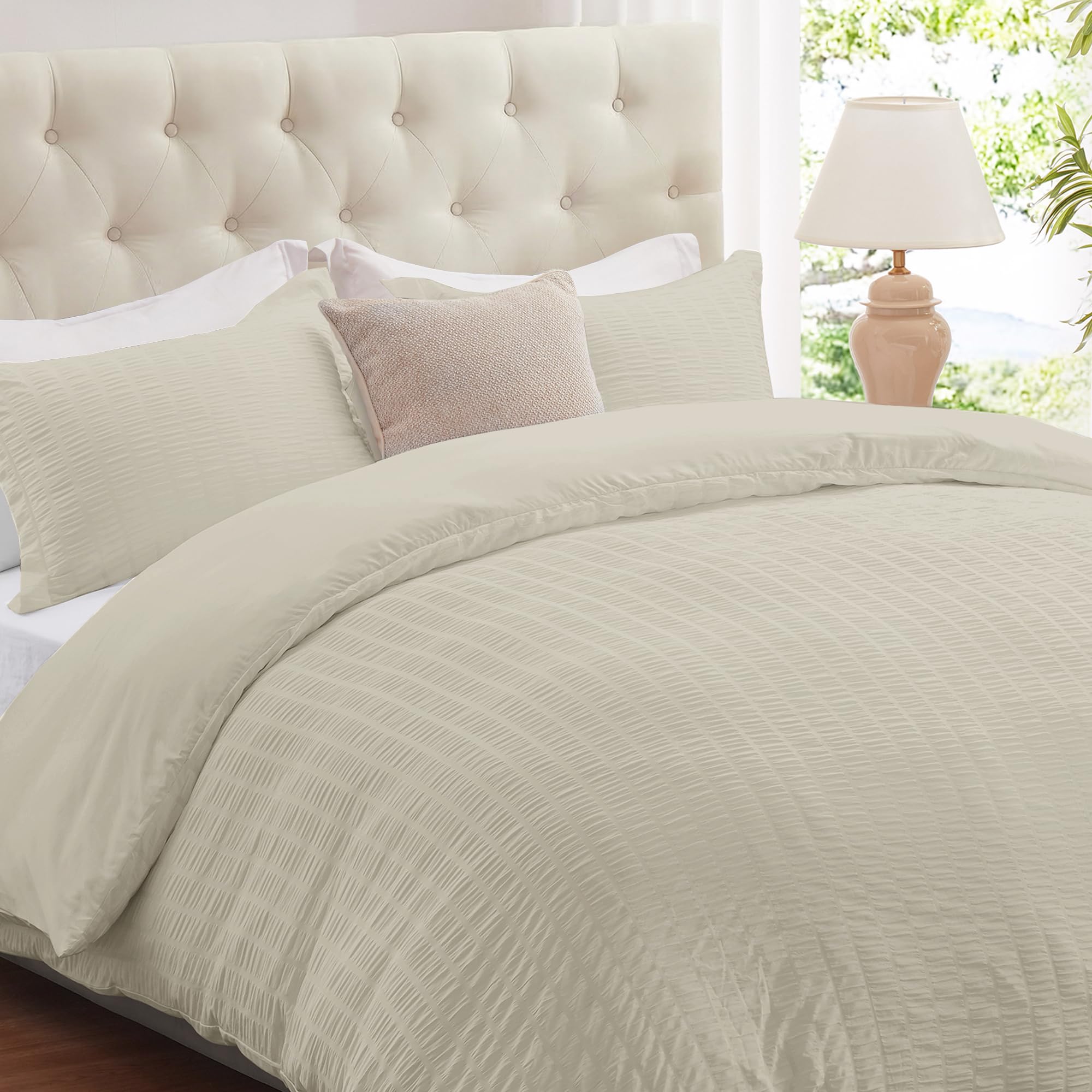 Cozyide Beige Queen Seersucker Duvet Cover Set