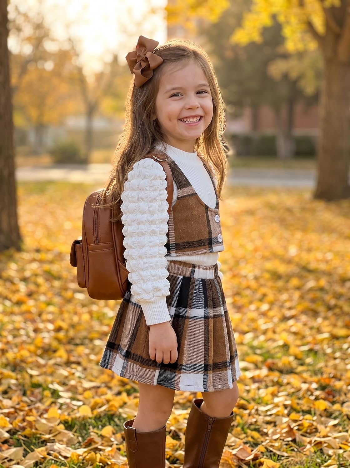 Toddler Girls Fall Winter Outfits Girls Puff Sleeve Knit Ribbed Tops Button Down Vest Plaid Skirt Set Fall Clothes