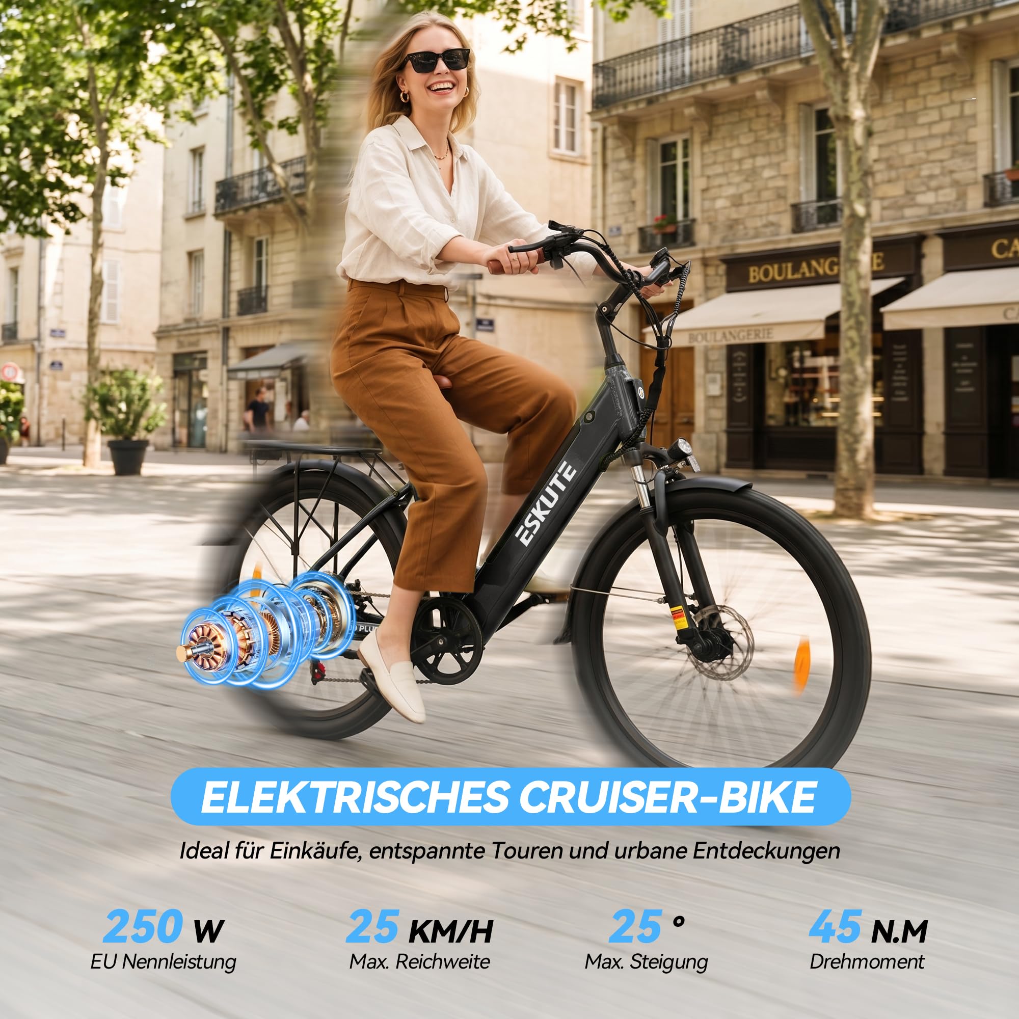 ESKUTE C100 Plus E-Bike, 26 Zoll Elektrofahrrad, E-Cityrad 250W HeckMotor, 36V 13Ah Wechselakku,bis zu 80km, LCD-Display, Tiefeinsteiger E-CityBike Für Damen und Herren Erwachsene