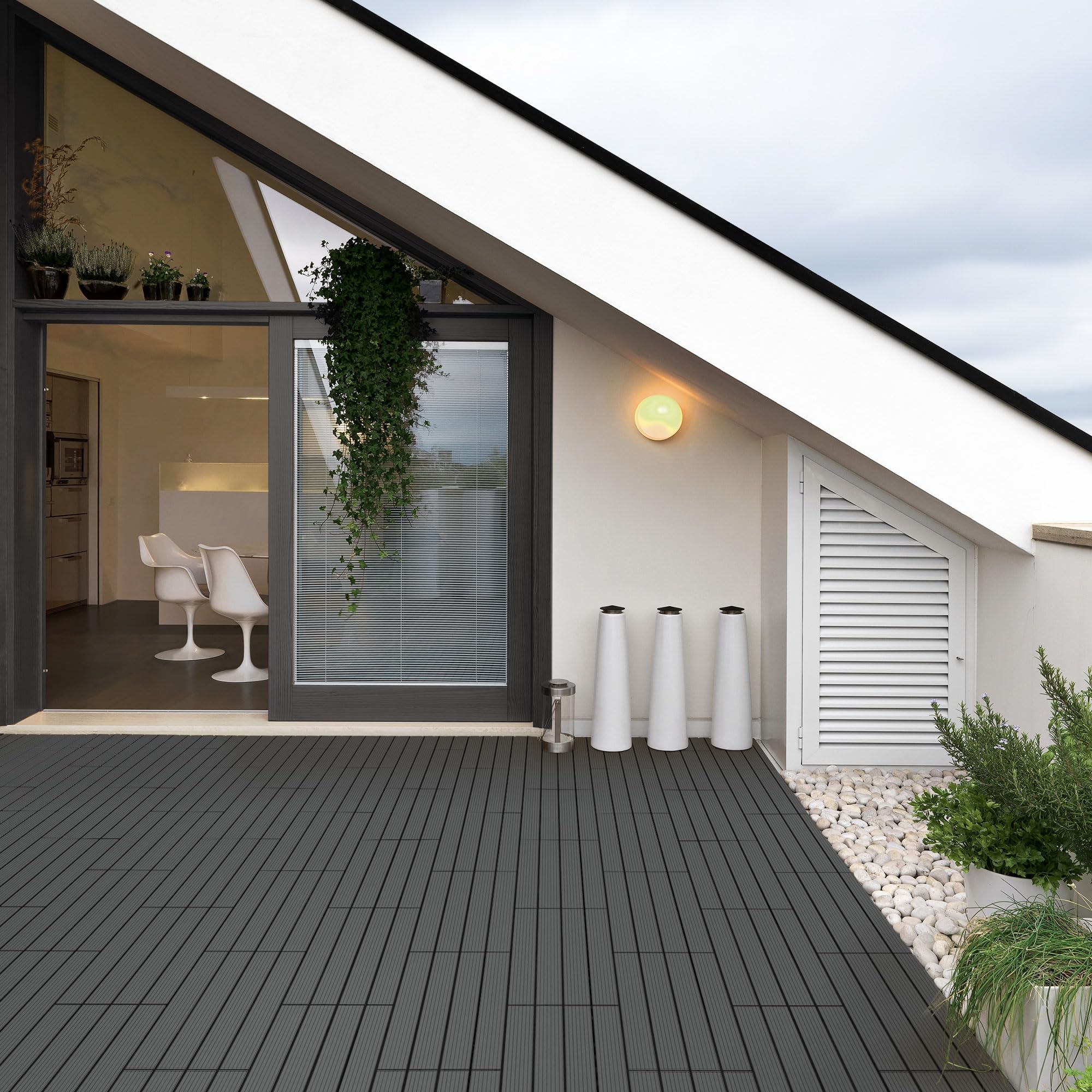 ECD Germany Dalles Terrasse Clipsables WPC 60x30 cm/12 pièces=2m² Anthracite Strié Aspect Bois Panneaux avec Système à Clic et Drainage Revêtement de Sol Carrelage Lames Patio Jardin Extérieur