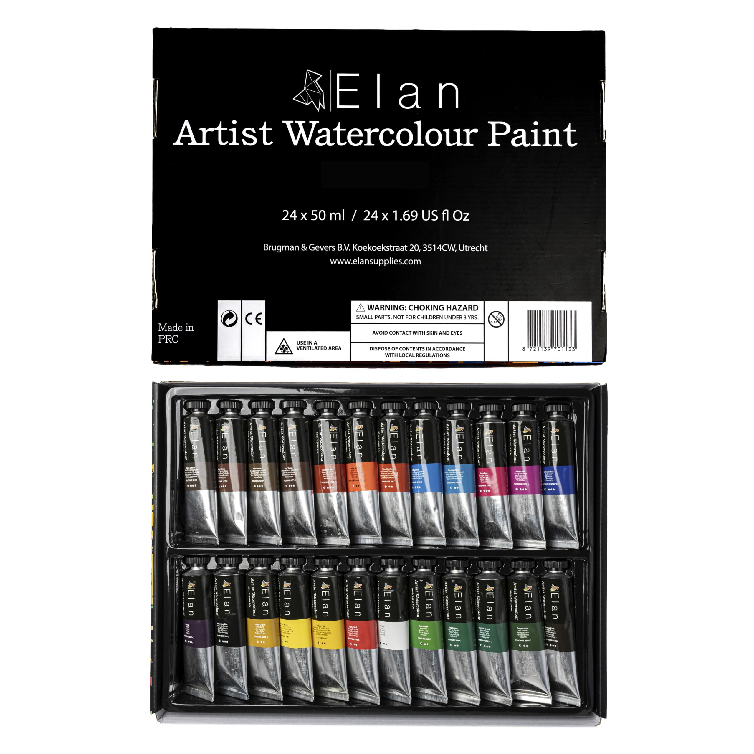 Elan Professional Watercolour Paint Set, 24 Colours, 50ml