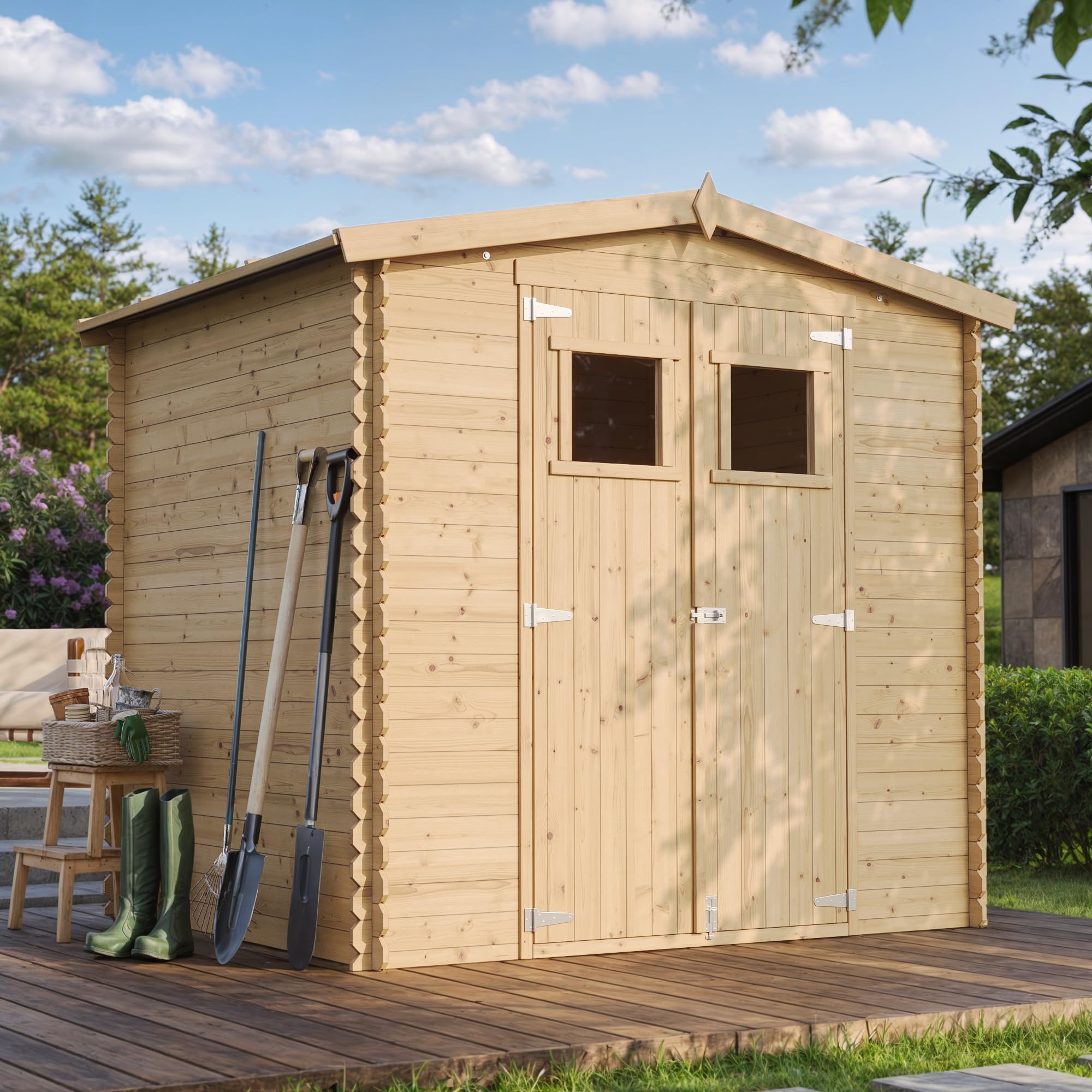 TIMBELA Cobertizo de Madera para jardín con Suelo TRATADO - 226x236cm/4.33 m² Cobertizo de Madera Natural - Taller de Jardín - Bicicleta, Almacenamiento de Herramientas M369+M369G