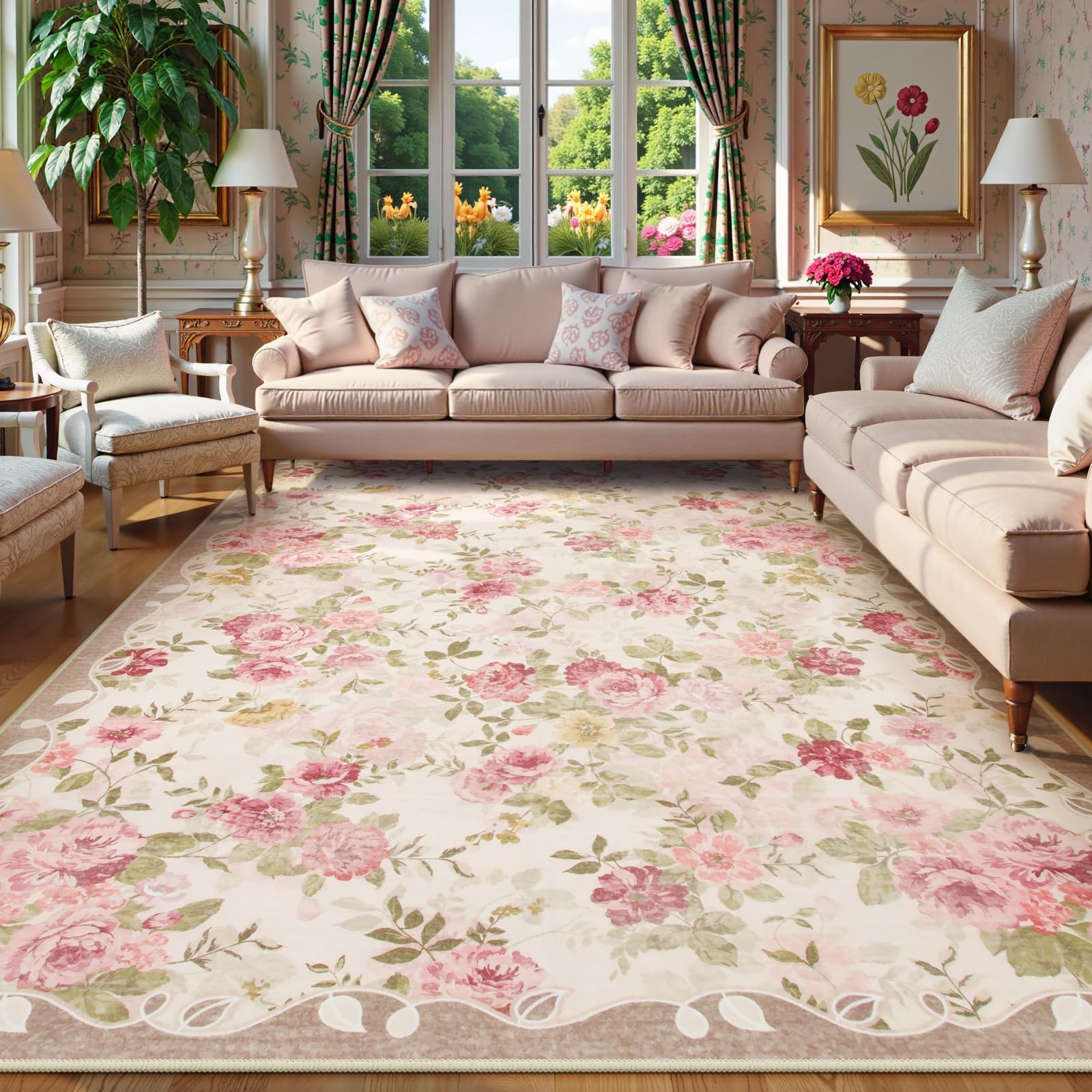Lahome Vintage Floral 8x10 Area Rugs,Soft Living Room Rugs Boho Large Area Rug Machine Washable, Low Pile Pink Rugs for Bedroom Girls Carpet for Nursery Rug Playroom Dining Room(8'X10',Beige