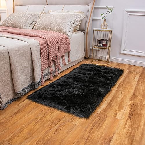 Miniatura 3 de EasyJoy Alfombra de pelo sintético ultrasuave y esponjosa para sofá, sala de estar (rectangular, 2 x 4 pies, color negro)