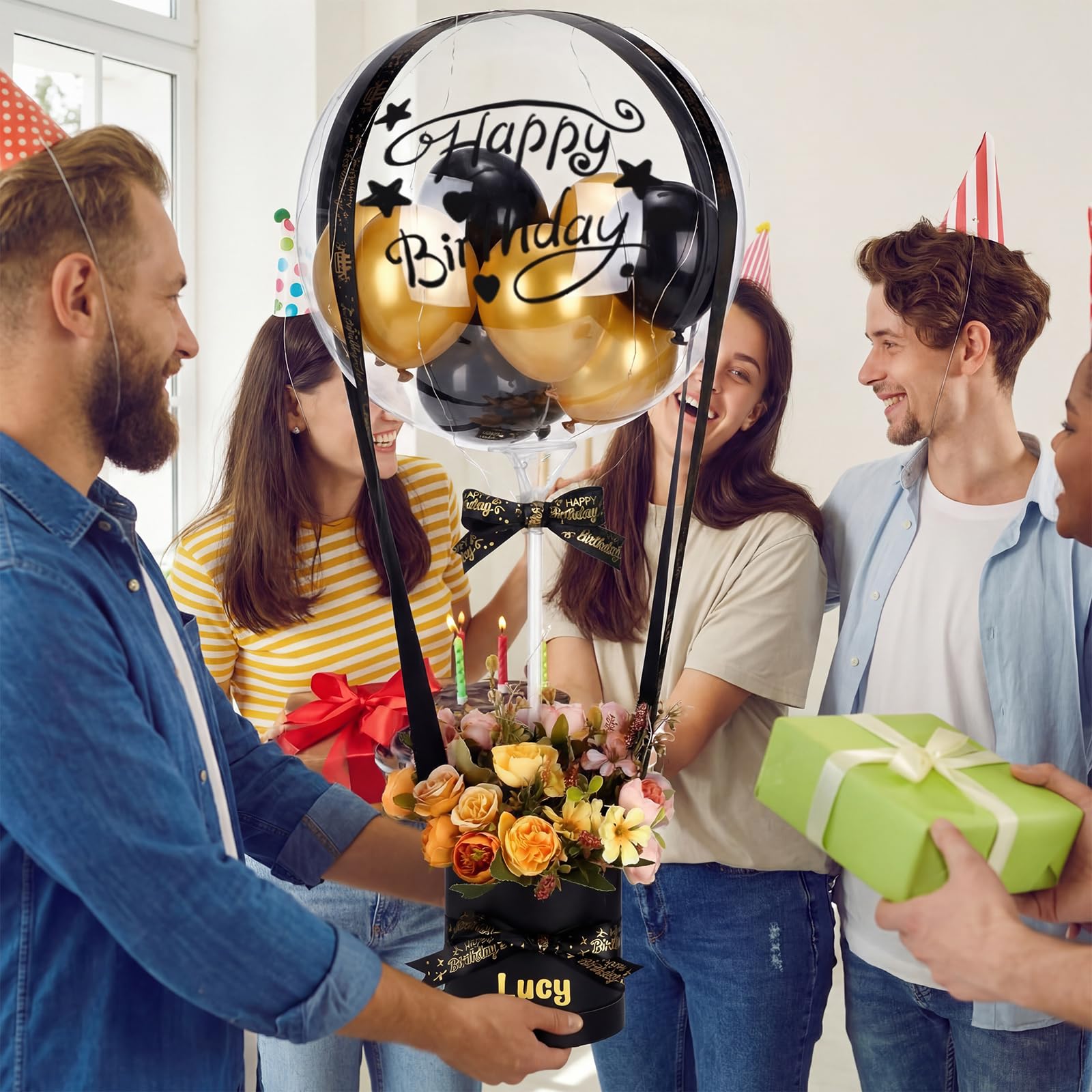 Gemscream Kit de caja de regalo de globos de aire caliente de cumpleaños con globos Bobo de 20 pulgadas, cadena de luces LED, cintas y arcilla floral para mujeres, hombres, amigos, novia, esposa