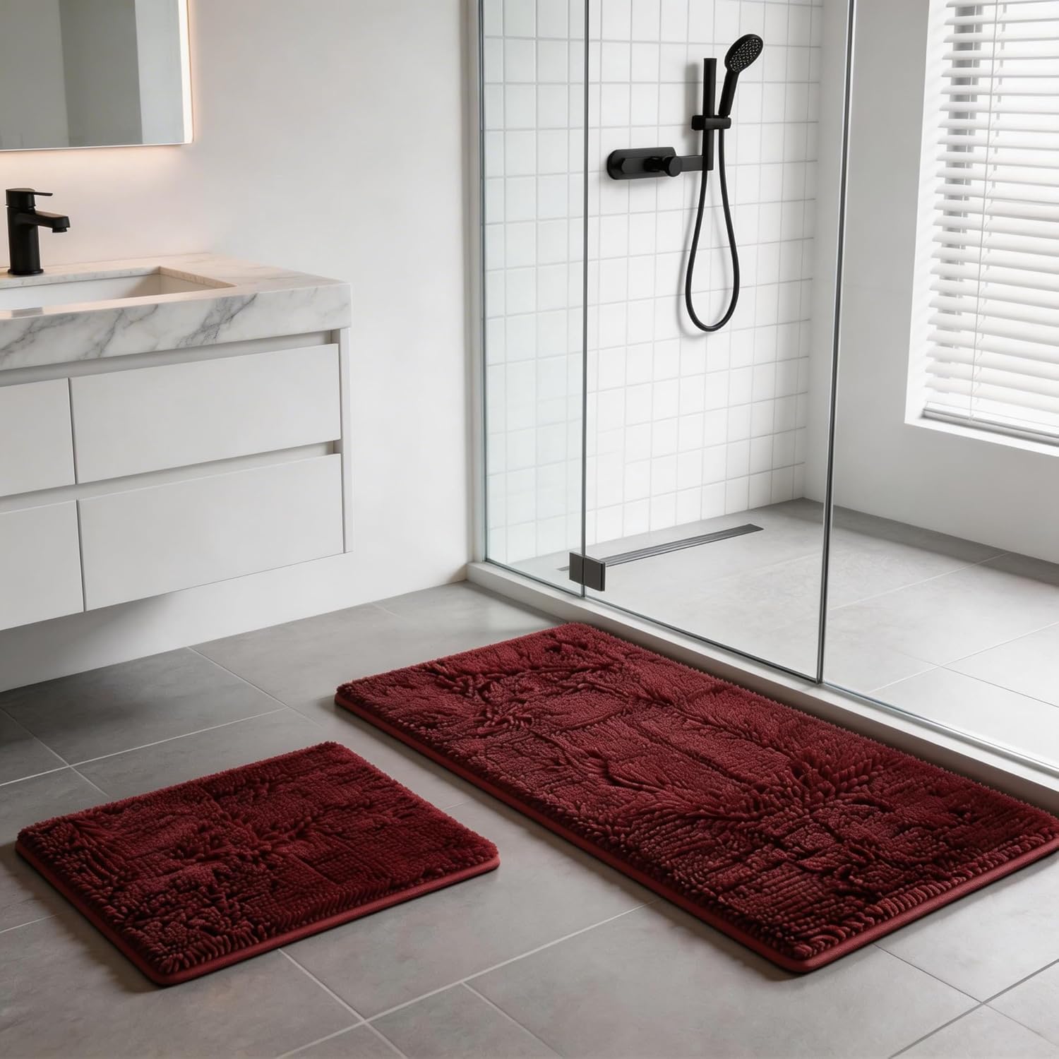 RUN HELIX Bathroom Rugs Sets 2 Piece, Luxury Shaggy Extra Thick Bathroom Rugs, Plush Non-Slip Mats for Bath Room Floor, Machine Wash, Ultra Absorbent, 32 x 20 + 24 x 16 Inches, Burgundy