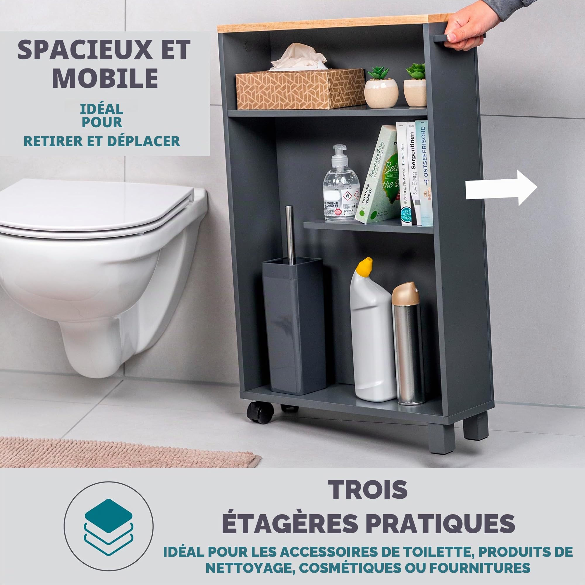 Eluno Organisateur de Salle de Bain avec 3 Niveaux - Chariot de Salle de Bain et de Cuisine (Bois-Gris)