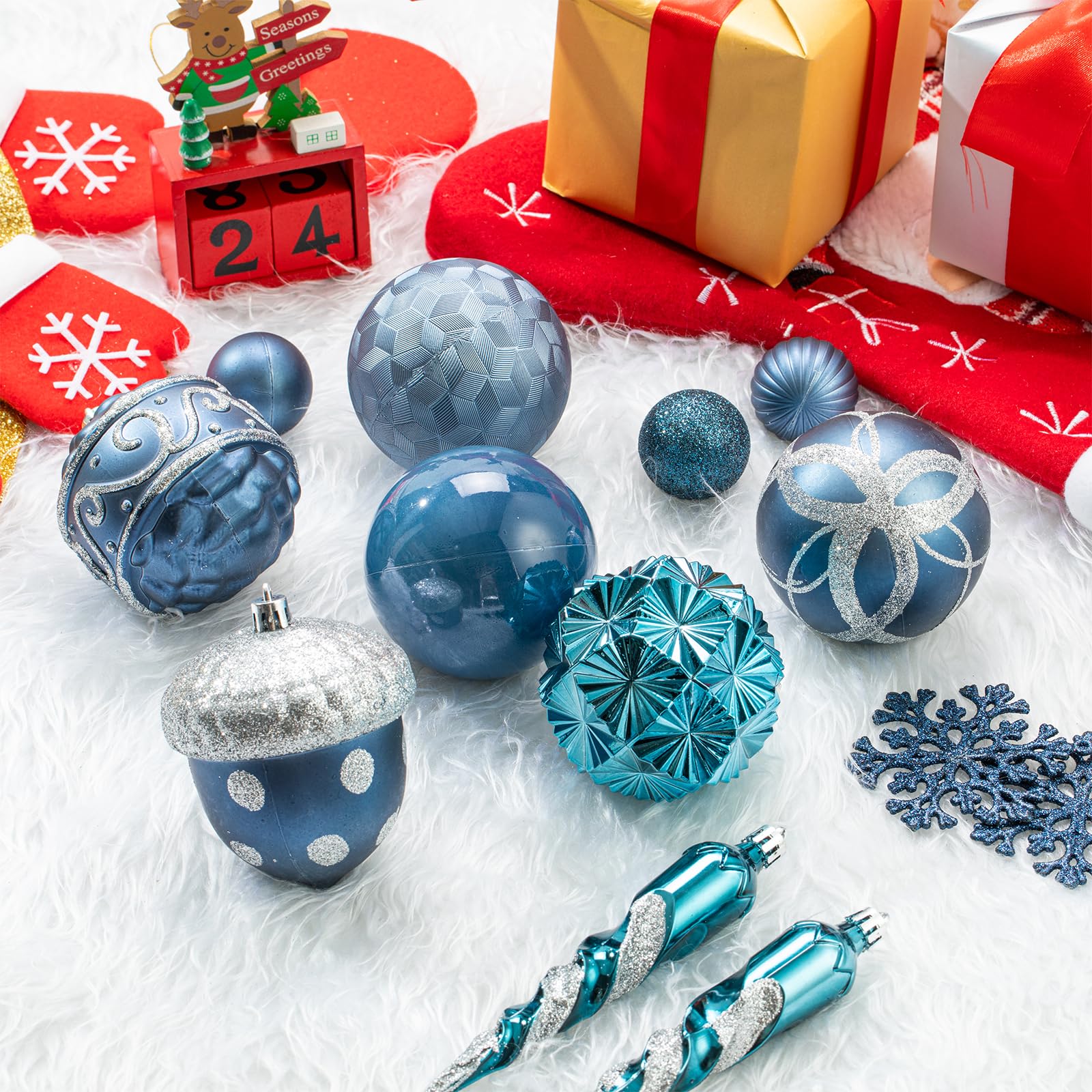 62pcs Navy Blue & Silver Christmas Balls Ornaments Set - 3.15