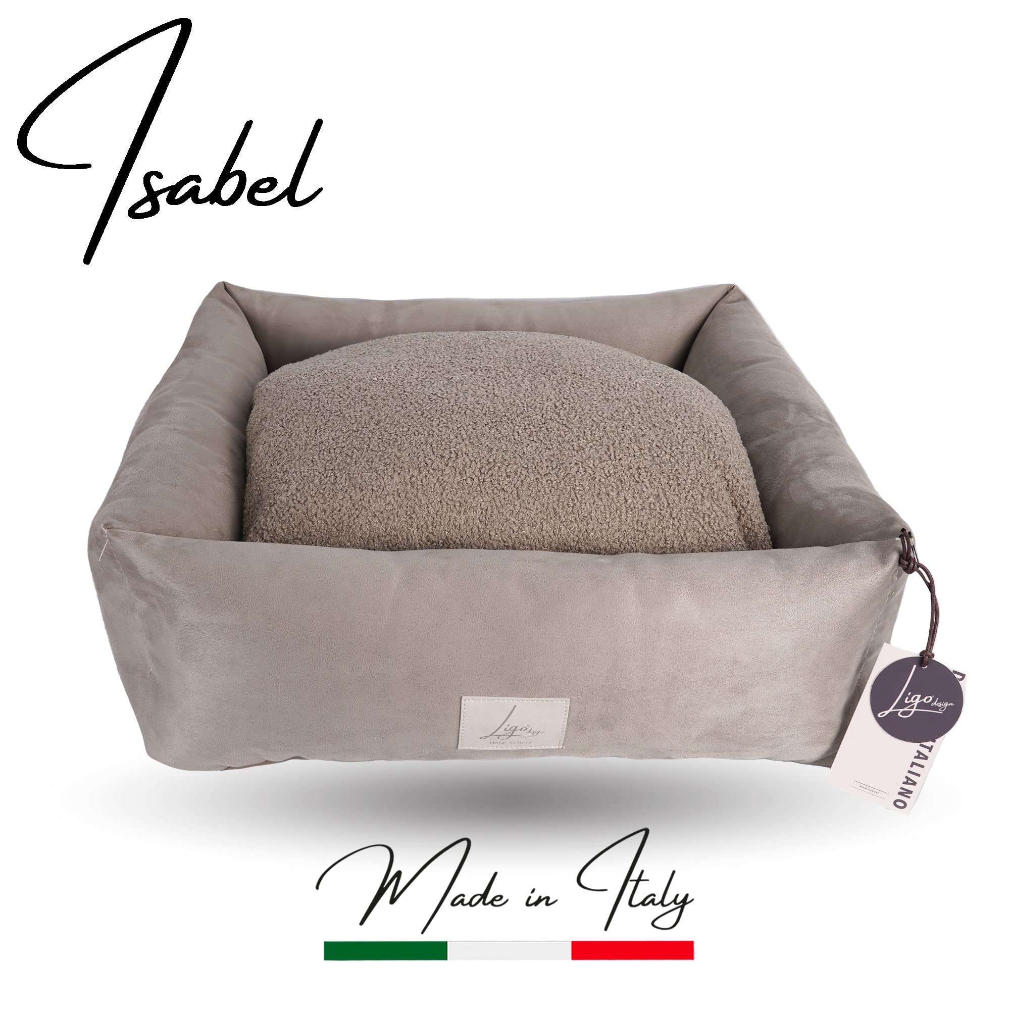 Ligo ISABEL - Cuccia per cani, cuccia per cane artigianale italiana in tessuto vellutato/ricciolino sfoderabile lavabile. Lettino letto materassino cuccetta cuscino mordido per cane. BEIGE CHIARO-S
