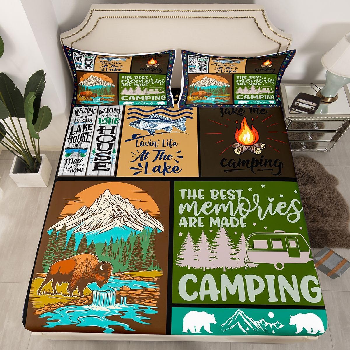 Camper Accessories Sheets, Happy Camping Bed Sheets Set, Bear Bull Hunting Theme Top Sheet, Rustic Farmhouse Woodland Camping Bedding Set, Lake House Decor for The Home Cabin Decor, Queen 4Pcs