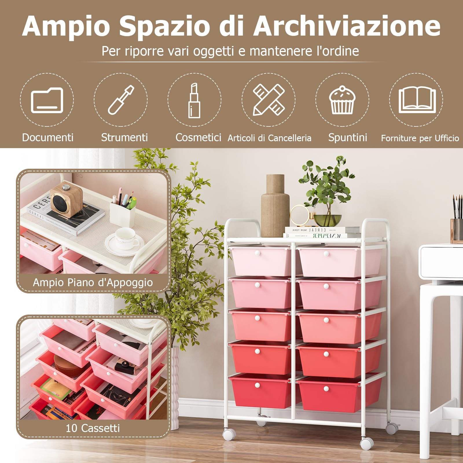 GYMAX Carrello Portaoggetti a 10 Cassetti con Ruote Bloccabili, Carrello di Stoccaggio, Leggero Multifunzione per Scuola, Ufficio, Casa, Studio, 65,5 x 37 x 87 cm (Rosa)