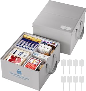 Housolution 2 Pack Freezer Organizer Bins, Collapsible Deep Chest Freezer Organizer Bins with Removable Dividers, Label Pockets, Waterproof Freezer Storage Bins with Portable Handle (19"x14"x9")