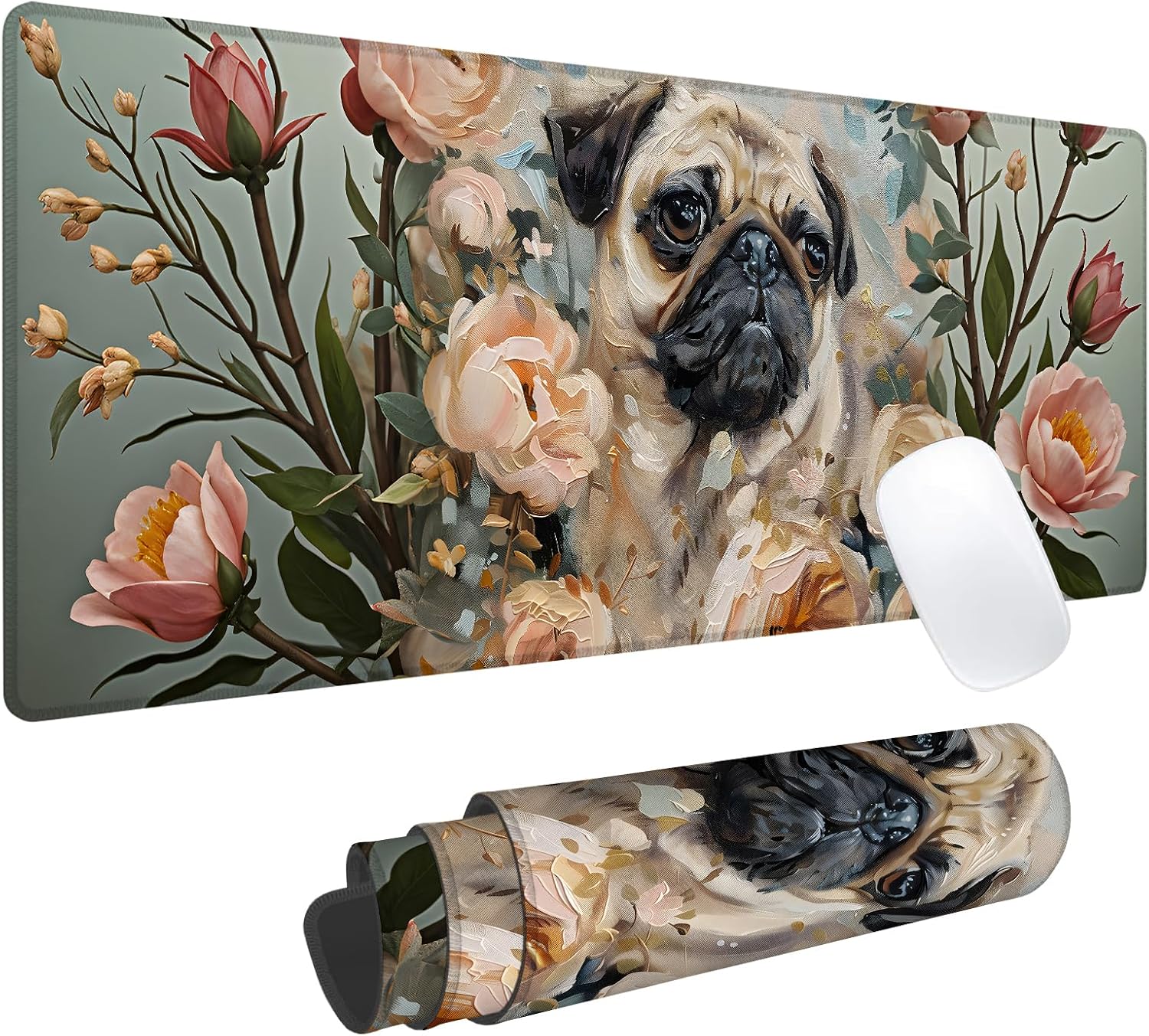 Floral Pug Gaming Mouse Pad, Office Desk Mat, Anti-Slip Rubber Base Cool Aesthetic Mouse Pads for Computer Laptop Keyboard School Home Desktop Gamer Home Accessories Decor 31.5" x 11.8"