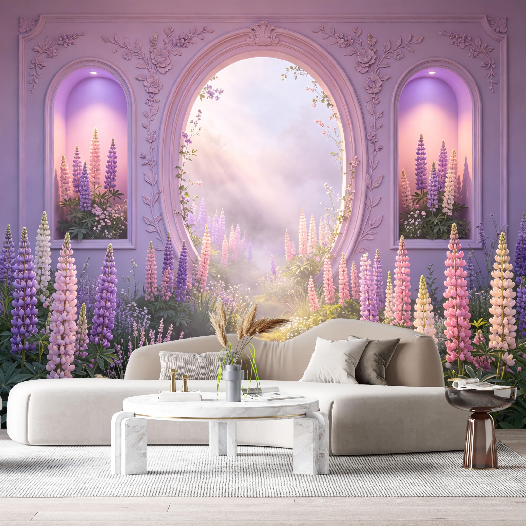 Custom Size Wall Murals Dreamlike Garden Lupine Floral 3D Trompe L'Oeil SelfAdhesiveWall Fabric Removable Wallpaper Wall Decor for Living Room Bedroom Bathroom