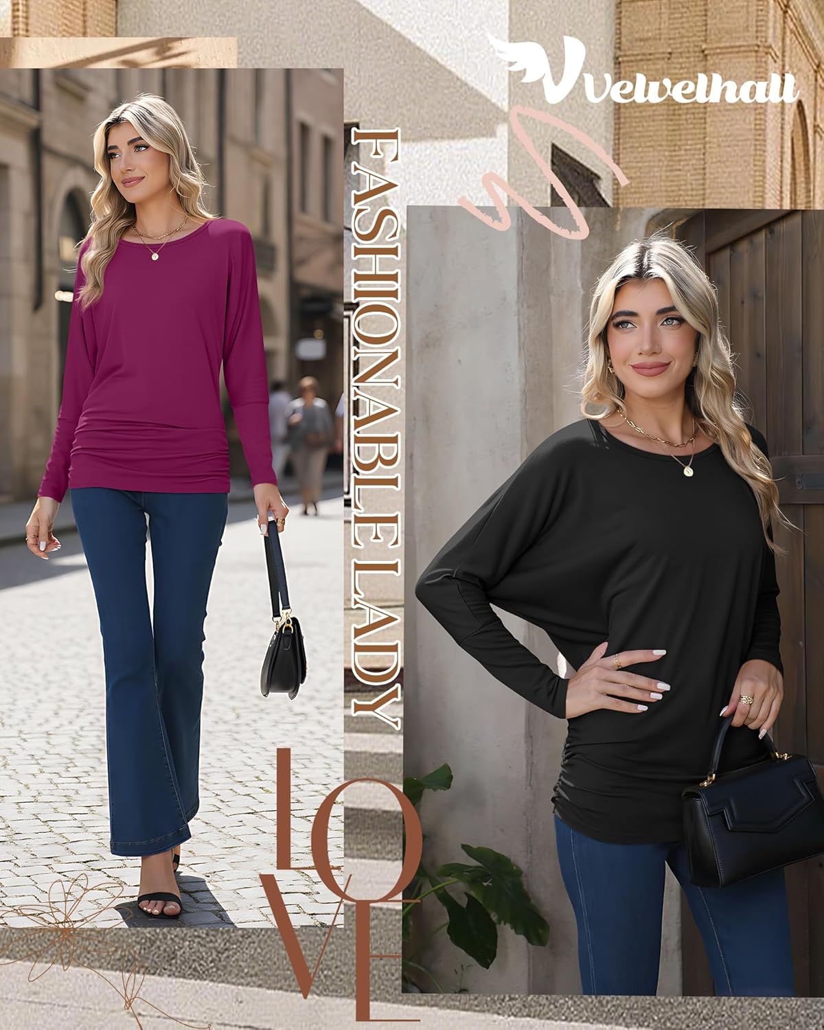 3 Pack Women's Dolman Sleeve Tops Casual Long Sleeve Flowy Side Ruched Shirts Round Neck Bat Wing Draped Basic Tee - Image 3