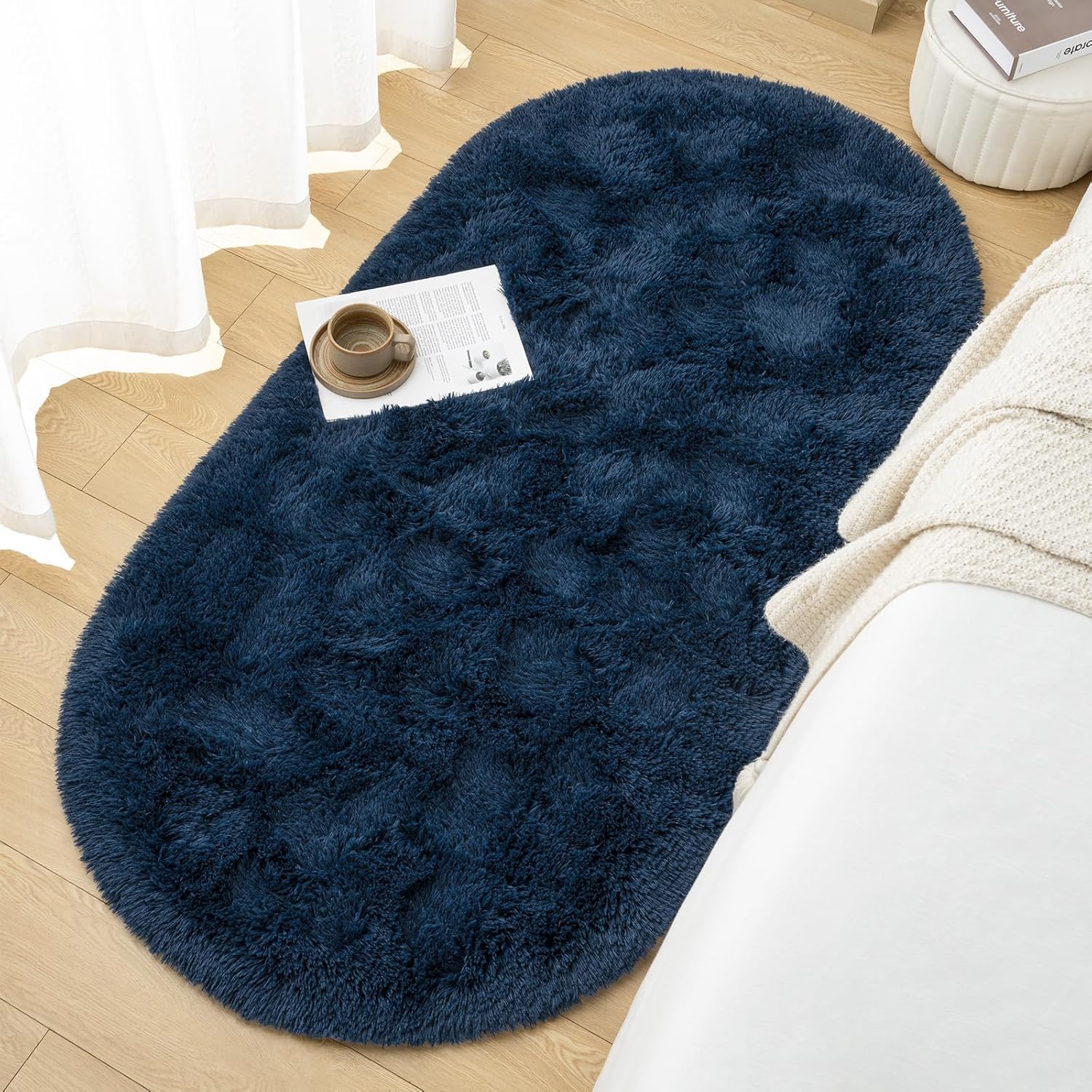 Goideal Fluffy Bedroom Rug, Small Oval Area Rugs, Navy Blue Shag Bedside Carpet for Kids Room Nursery Dorm Cute Fuzzy Indoor Decor for Boy and Girl, 2.6 x 5.3 Feet