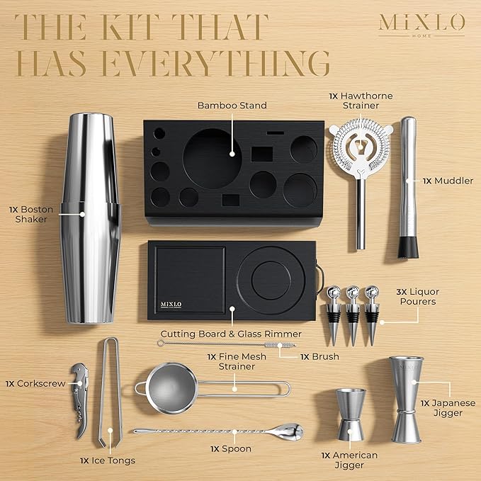Kit de Bartender Mixología - Set de 15 Piezas con Coctelera y Carrito Negro miniatura 3