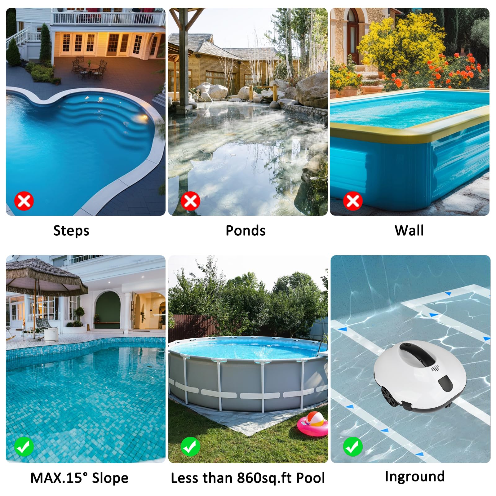 Robot nettoyeur de piscine sans fil de 130 minutes d'autonomie, léger, automatique et portable, 5200 mAh, charge rapide, puissant pour piscine hors sol jusqu'à 80 m² (blanc)