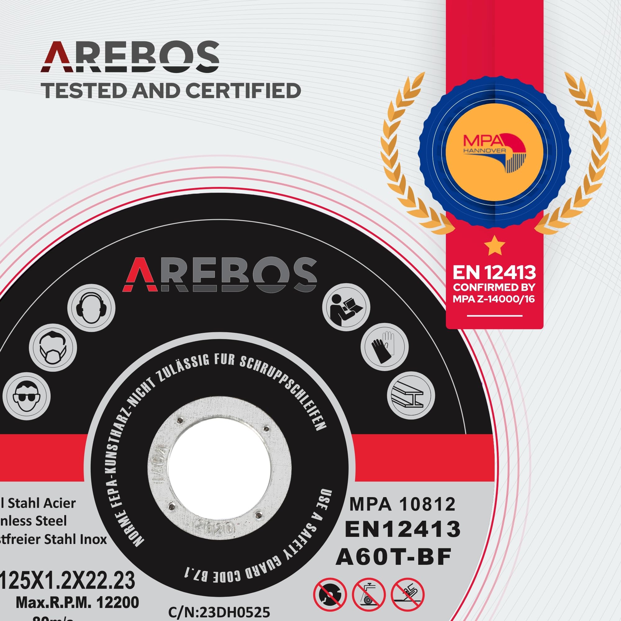Arebos Tarcze tnące Ø 125 mm, 200 sztuk, nadają się do stali, stali nierdzewnej, Inox, żelaza, blachy, metalu, obiegu do przodu i do tyłu, EN 12413, certyfikowane przez Urząd Kontroli Materiałów (MPA)