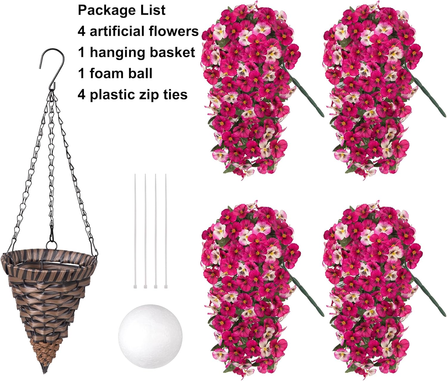 HyeFlora Artificial Hanging Flower Baskets for Outdoors 4pcs Fake Pansy UV Resistant Artificial Flowers with Realistic Leaves Faux Plants Front Door Porch Home Outside Decoration, Mix Rose - Image 6