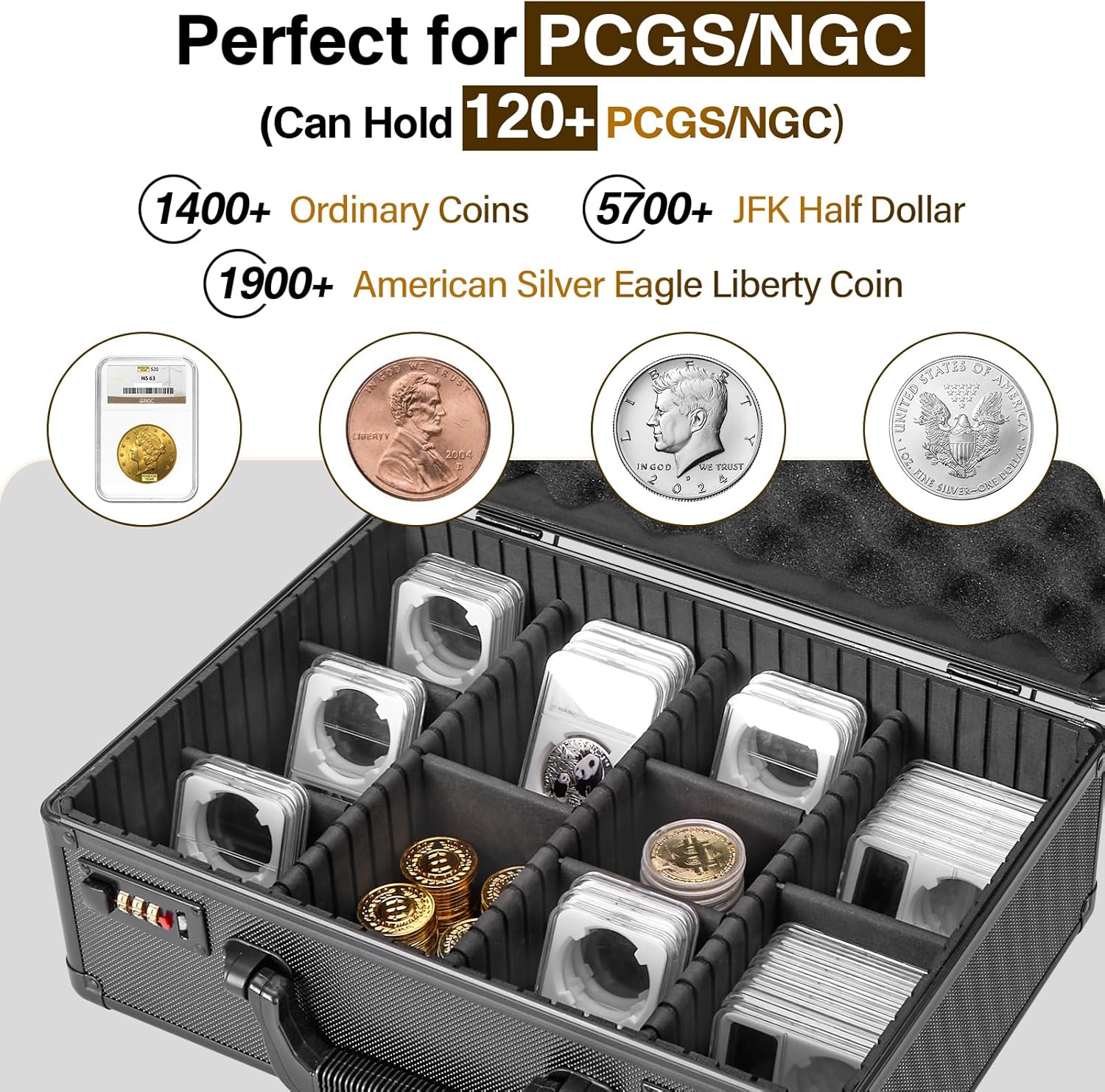Graded Coin Storage Box – Holds 120 NGC/PCGS Slabs, Secure Coin Collector Case with Combination Locks, Organizer for Graded Coins Collection, Black