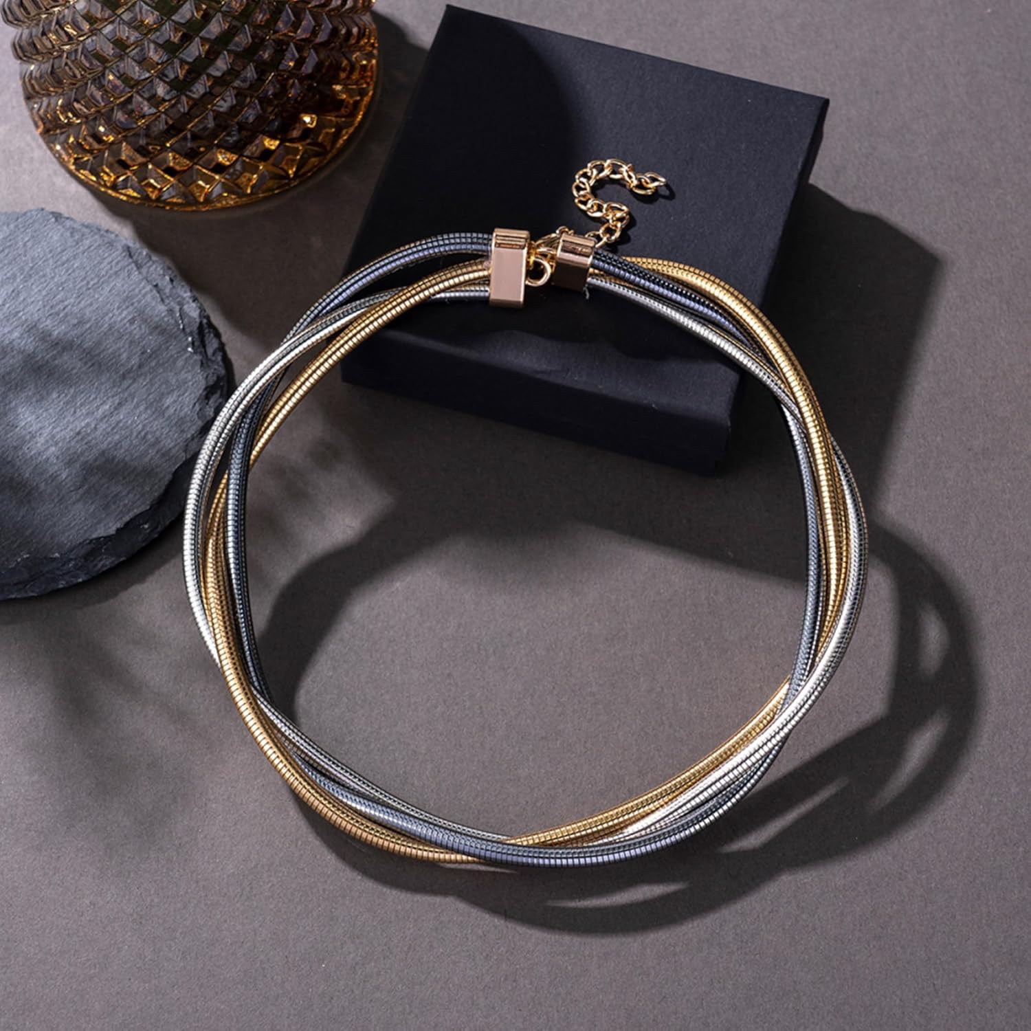 Chunky Gold Layered Statement Necklace for Women, Trendy Gold Plated Twisted Flat Thick Snake Herringbone Chain Choker Necklace Collar Torque Boho Necklaces Party Jewelry Gift - Image 5