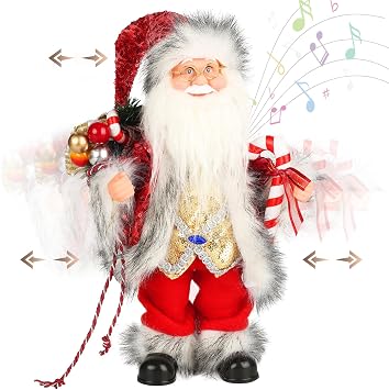 14 Inch Animated Musical Santa Claus Figurine Christmas Collectible Decoration with Moving Hands, Plays Classic Holiday Songs, Gold Outfit & Candy Cane Festive Tabletop, Mantel & Home D cor Gift