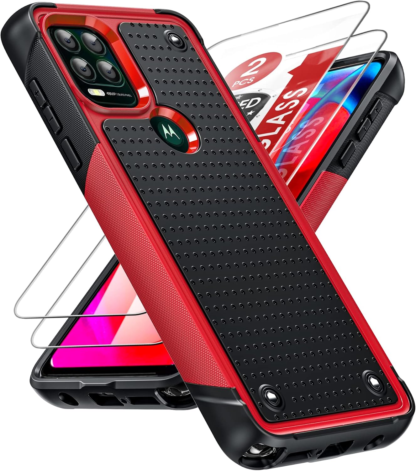 LeYi for Motorola G Stylus 5G Case 2021, Moto G Stylus 5G Phone Case with Screen Protectors 2 Pack, Heavy Duty Dual Layer Hard PC Textured Back & Soft Bumper Case for Motorola G Stylus 2021, Red